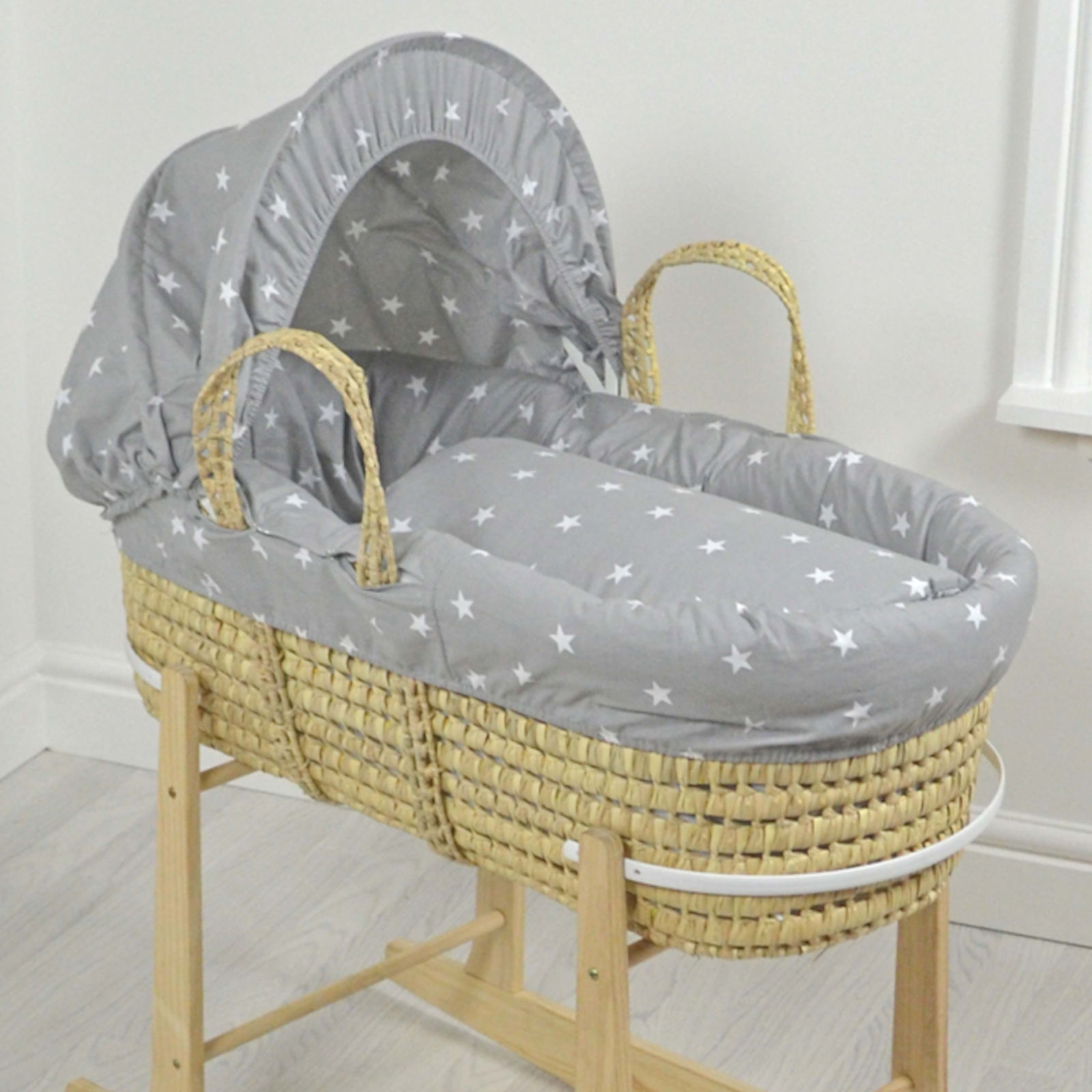 4baby padded grey wicker moses basket & rocking stand