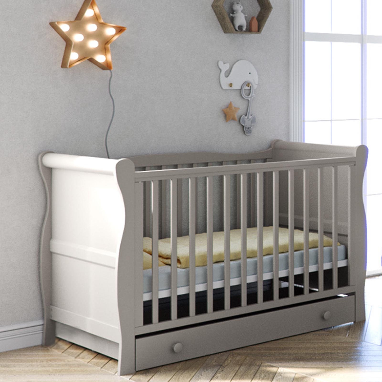grey sleigh crib