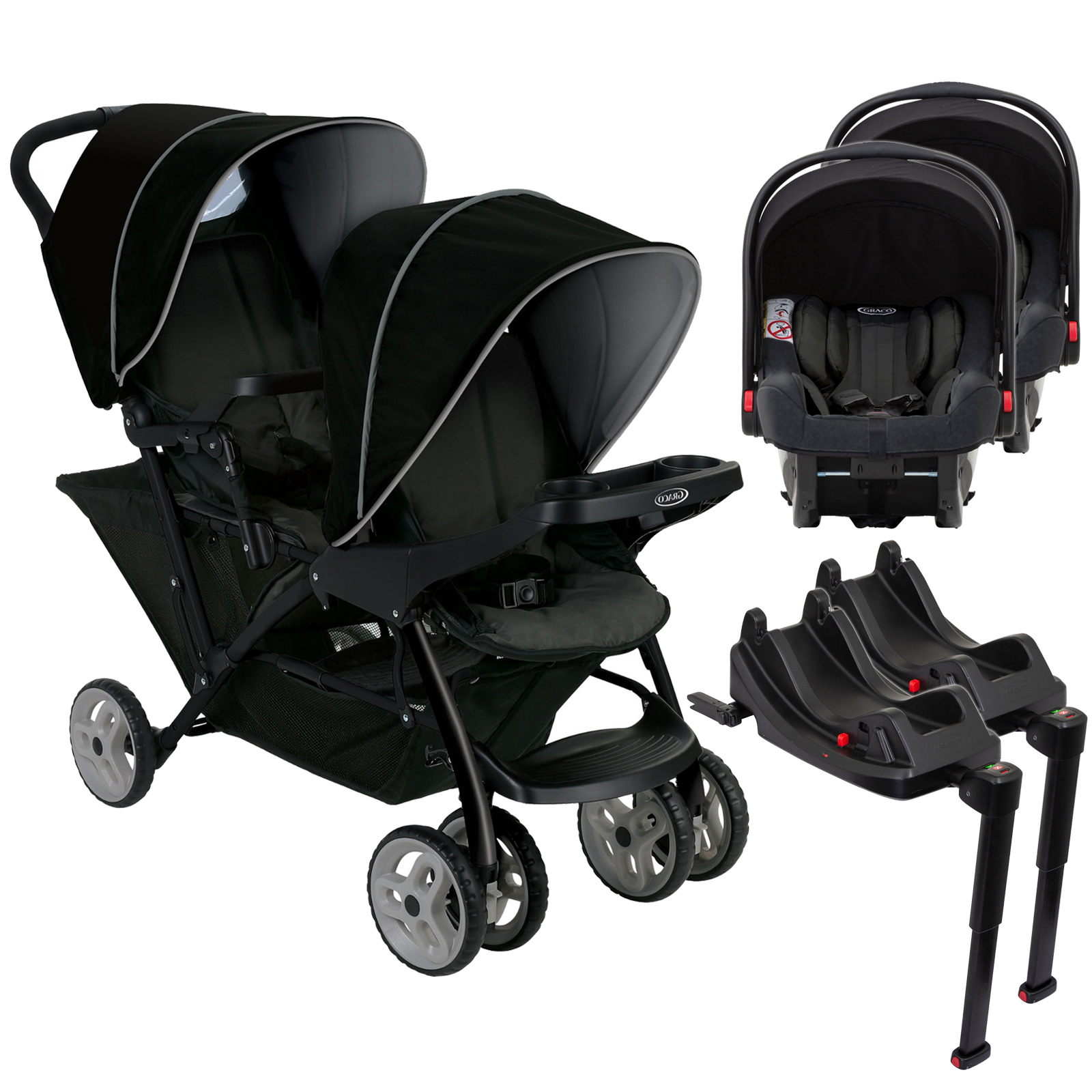 Graco Stadium Duo Double Pram Twin Travel System With 2 Snugride I Size Car Seat Bases Black Grey