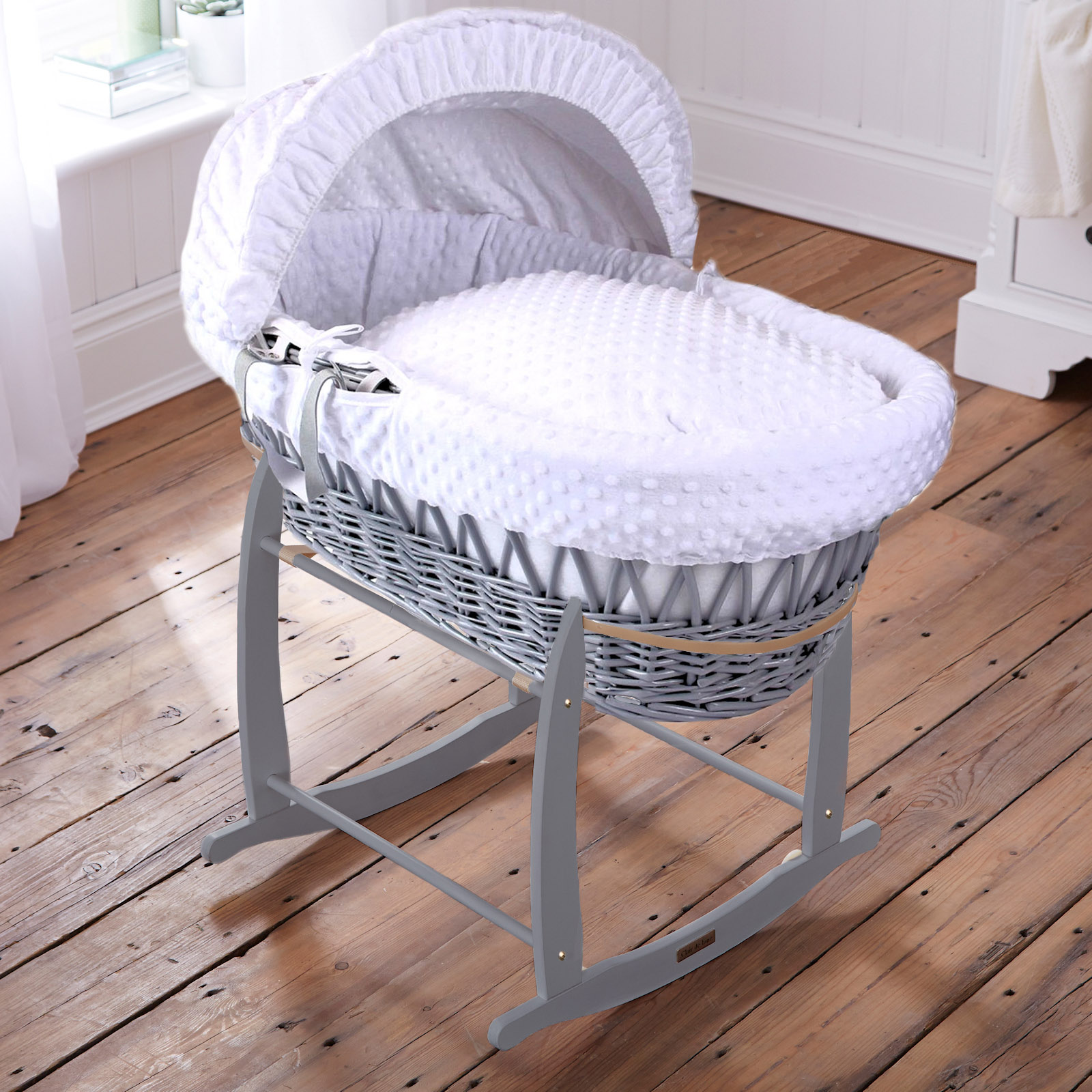 4baby padded grey wicker moses basket & rocking stand