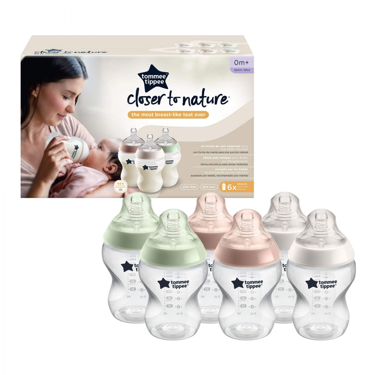 6x Tommee Tippee Fiesta Closer to Nature Baby Bottles Slow Flow 260ml  Anti-Colic 5010415227362