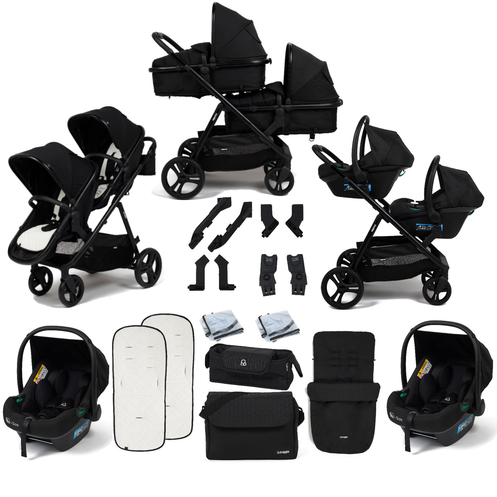 Puggle Memphis 2-in-1 Duo i-Size Double Travel System with 2 Memphis i-Size Car Seats, Footmuff & Bag - Midnight Black