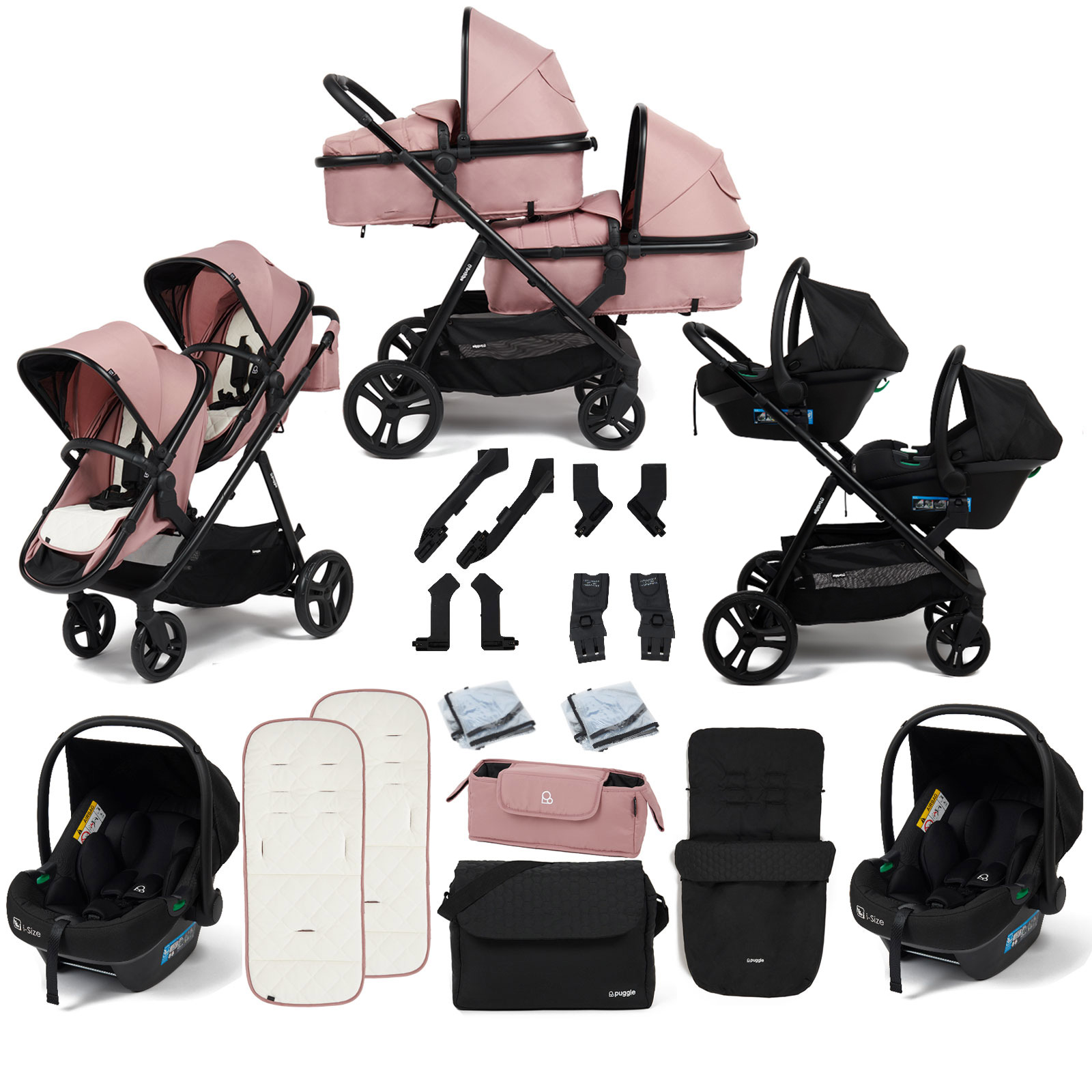 Puggle Memphis 2-in-1 Duo i-Size Double Travel System with 2 Memphis i-Size Car Seats, Footmuff & Bag - Dusk Pink