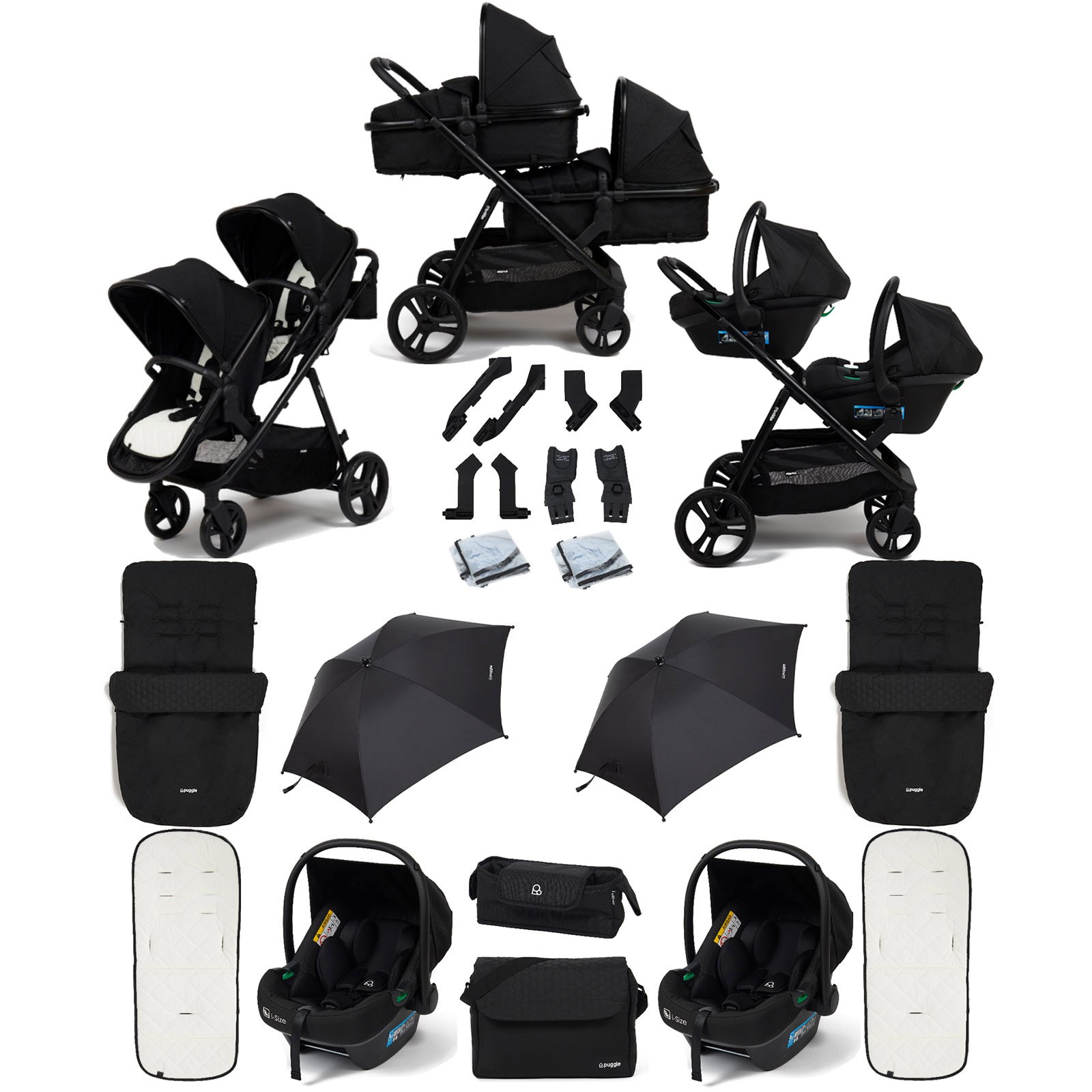 Puggle Memphis 2-in-1 Duo Double Travel System with 2 i-Size Car Seats, 2 Footmuffs, 2 Parasols, and Changing Bag - Midnight Black