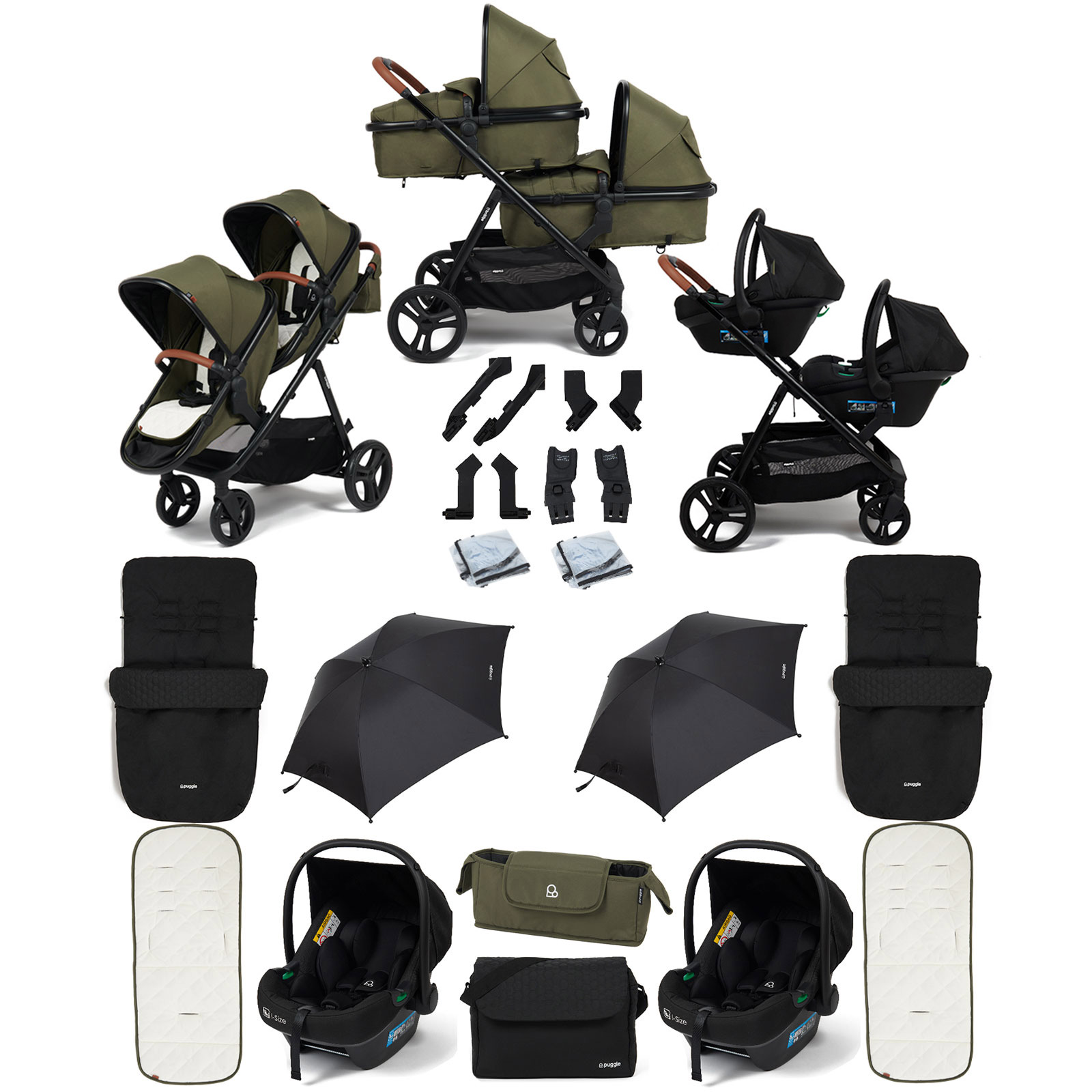 Puggle Memphis 2-in-1 Duo Double Travel System with 2 i-Size Car Seats, 2 Footmuffs, 2 Parasols, and Changing Bag - Forest Green