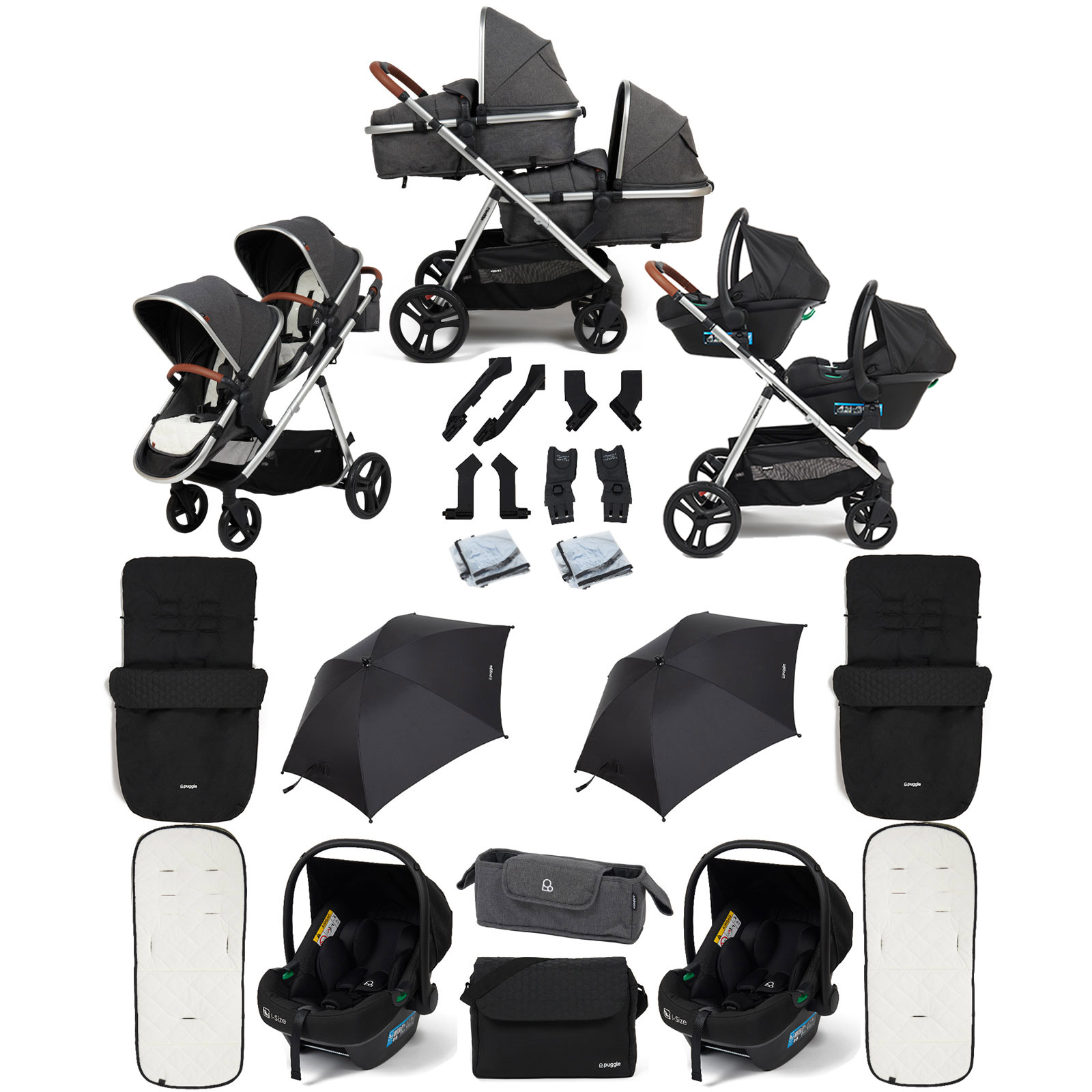 Puggle Memphis 2-in-1 Duo Double Travel System with 2 i-Size Car Seats, 2 Footmuffs, 2 Parasols, and Changing Bag - Platinum Grey