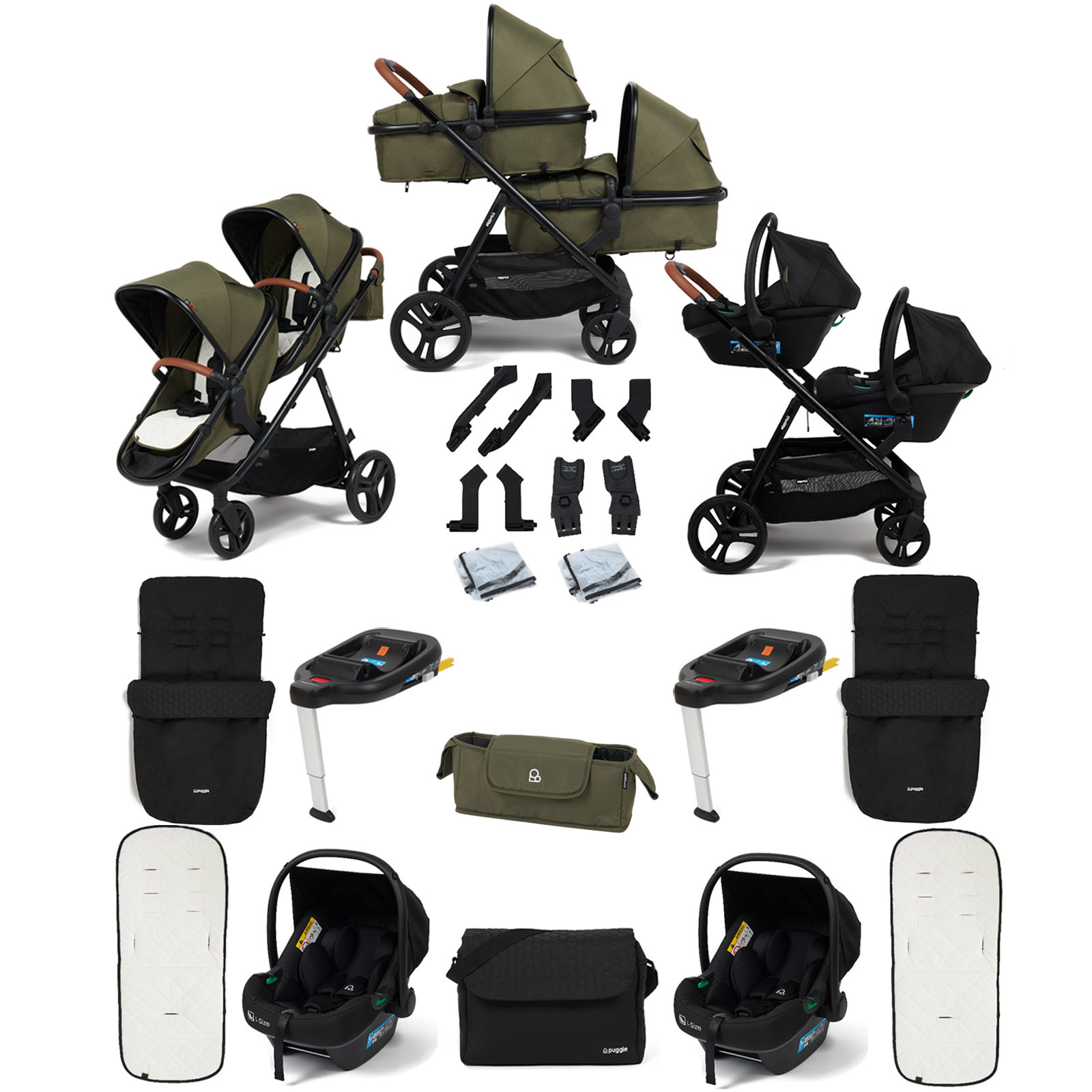 Puggle Memphis 2-in-1 Duo Double Travel System with 2 i-Size Car Seats, 2 ISOFIX Bases, 2 Footmuffs and Changing Bag - Forest Green