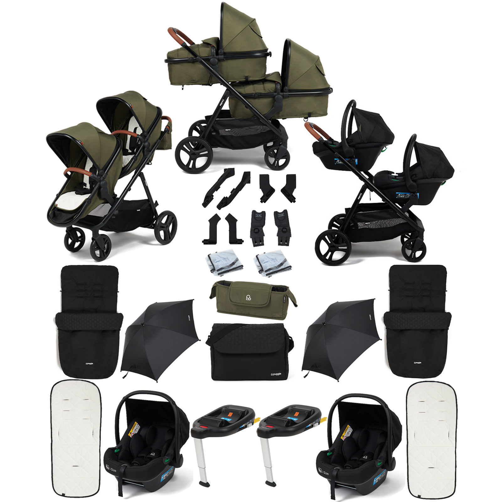 Puggle Memphis 2-in-1 Duo Double Travel System with 2 i-Size Car Seats, 2 ISOFIX Bases, 2 Footmuffs, 2 Parasols, and Changing Bag - Forest Green