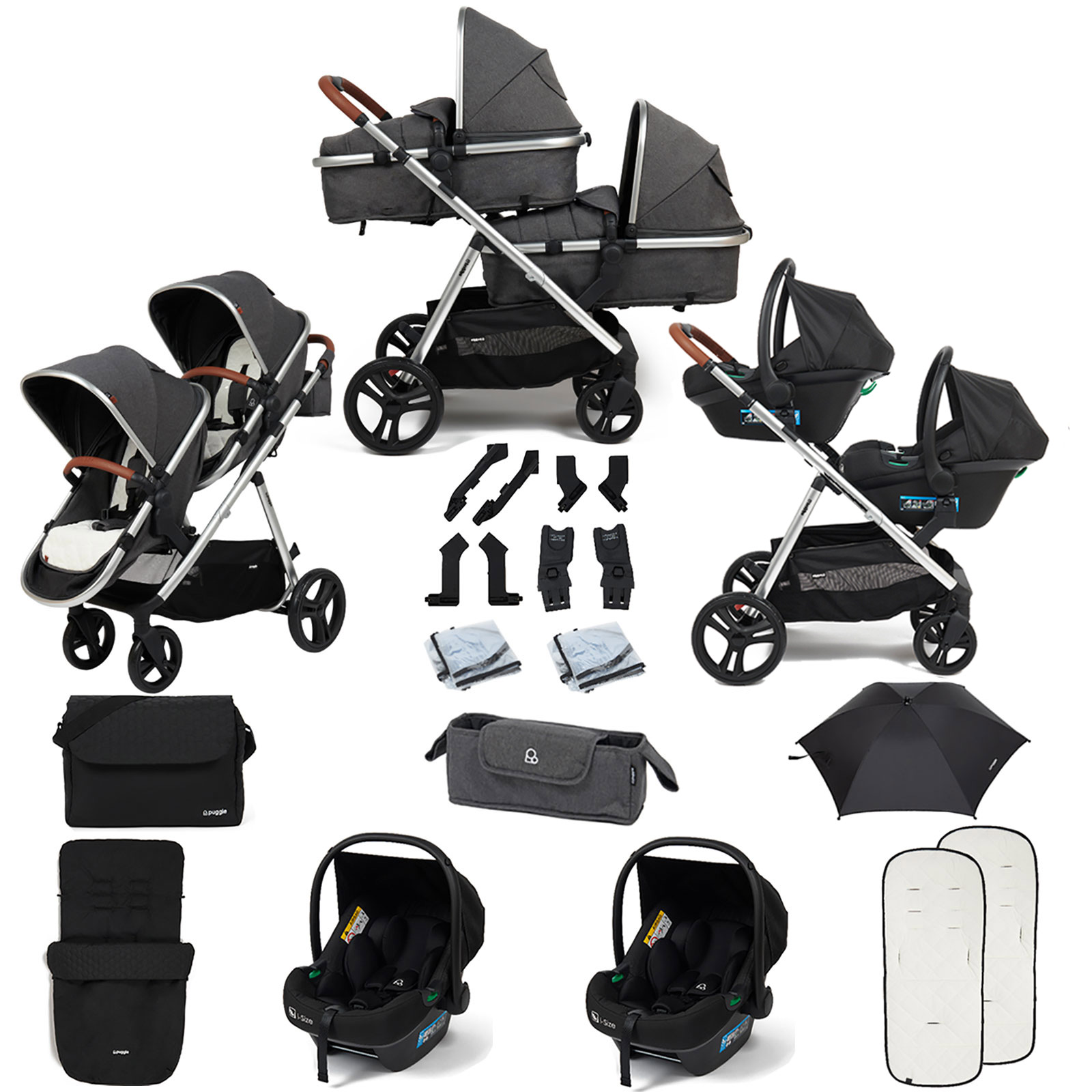 Puggle Memphis 2-in-1 Duo i-Size Double Travel System with 2 i-Size Car Seats, Footmuff, Changing Bag & Parasol - Platinum Grey