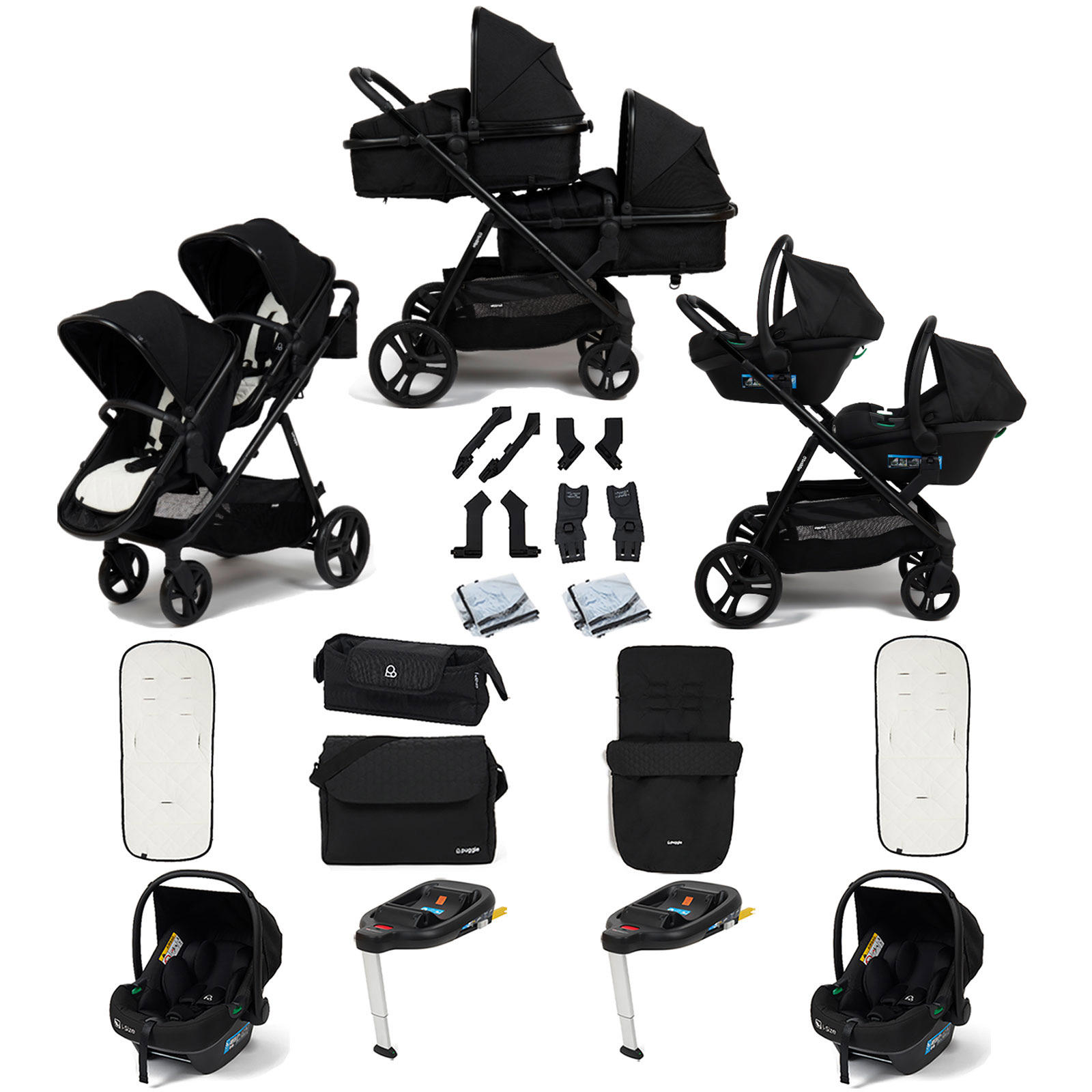 Puggle Memphis 2-in-1 Duo Double Travel System with 2 i-Size Car Seats, 2 ISOFIX Bases, Footmuff and Changing Bag - Midnight Black