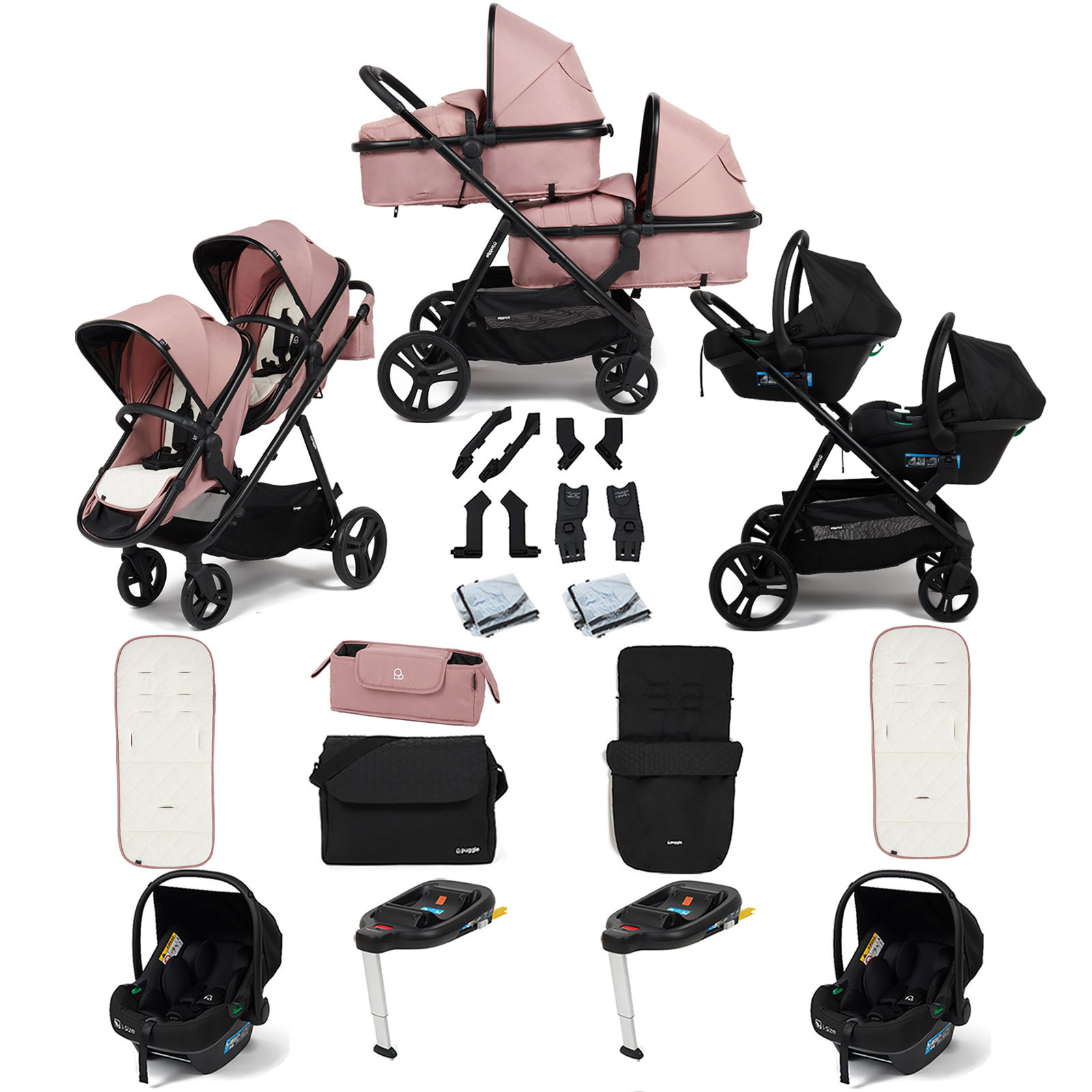 Puggle Memphis 2-in-1 Duo Double Travel System with 2 i-Size Car Seats, 2 ISOFIX Bases, Footmuff and Changing Bag - Dusk Pink