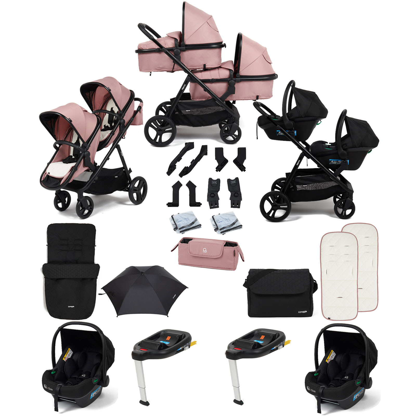 Puggle Memphis 2-in-1 Duo Double Travel System with 2 i-Size Car Seats, 2 ISOFIX Bases, Footmuff, Parasol, and Changing Bag - Dusk Pink
