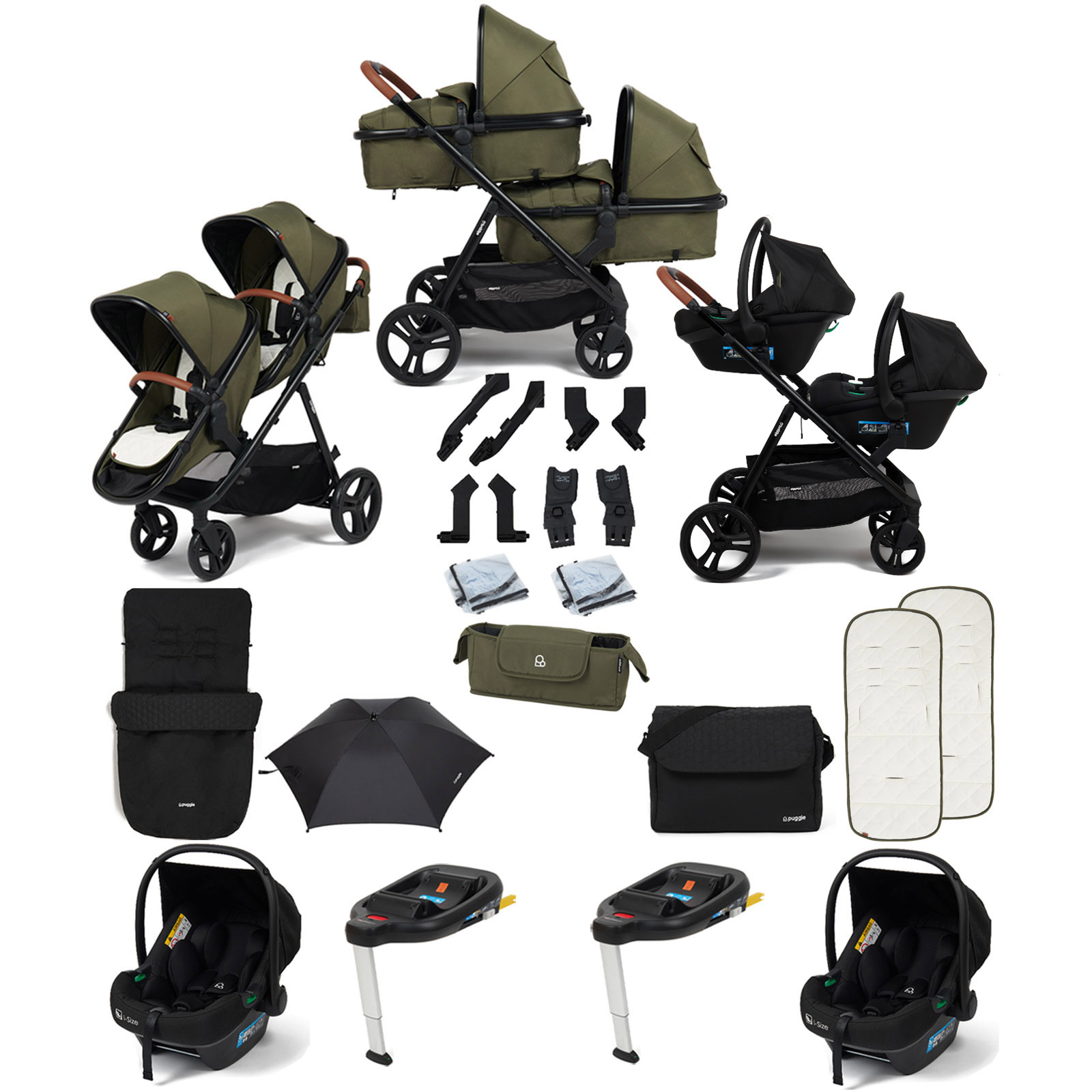 Puggle Memphis 2-in-1 Duo Double Travel System with 2 i-Size Car Seats, 2 ISOFIX Bases, Footmuff, Parasol, and Changing Bag - Forest Green