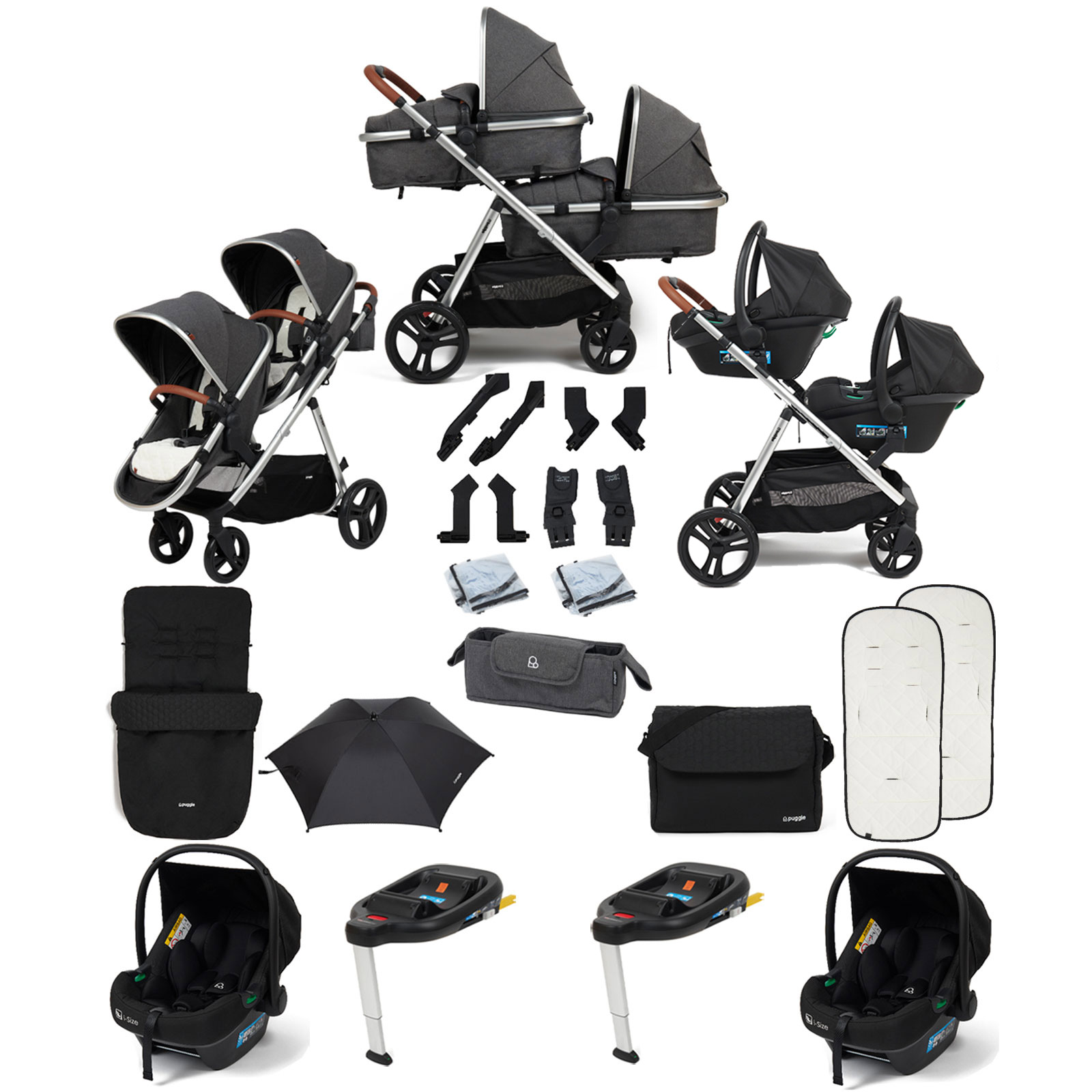 Puggle Memphis 2-in-1 Duo Double Travel System with 2 i-Size Car Seats, 2 ISOFIX Bases, Footmuff, Parasol, and Changing Bag - Platinum Grey