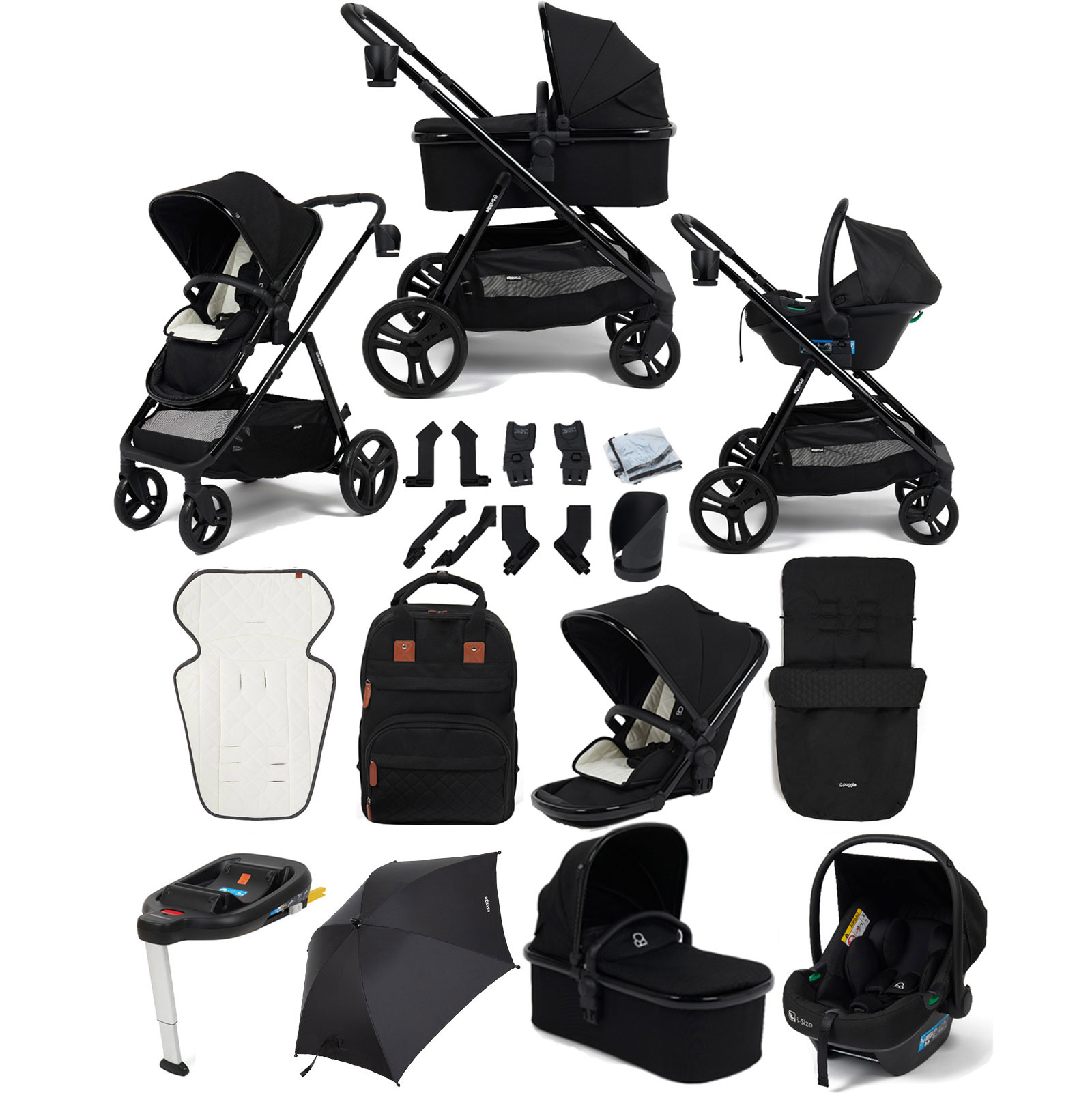 Puggle Memphis 3-in-1 i-Size Travel System with Footmuff, Parasol & i-Size Base - Midnight Black