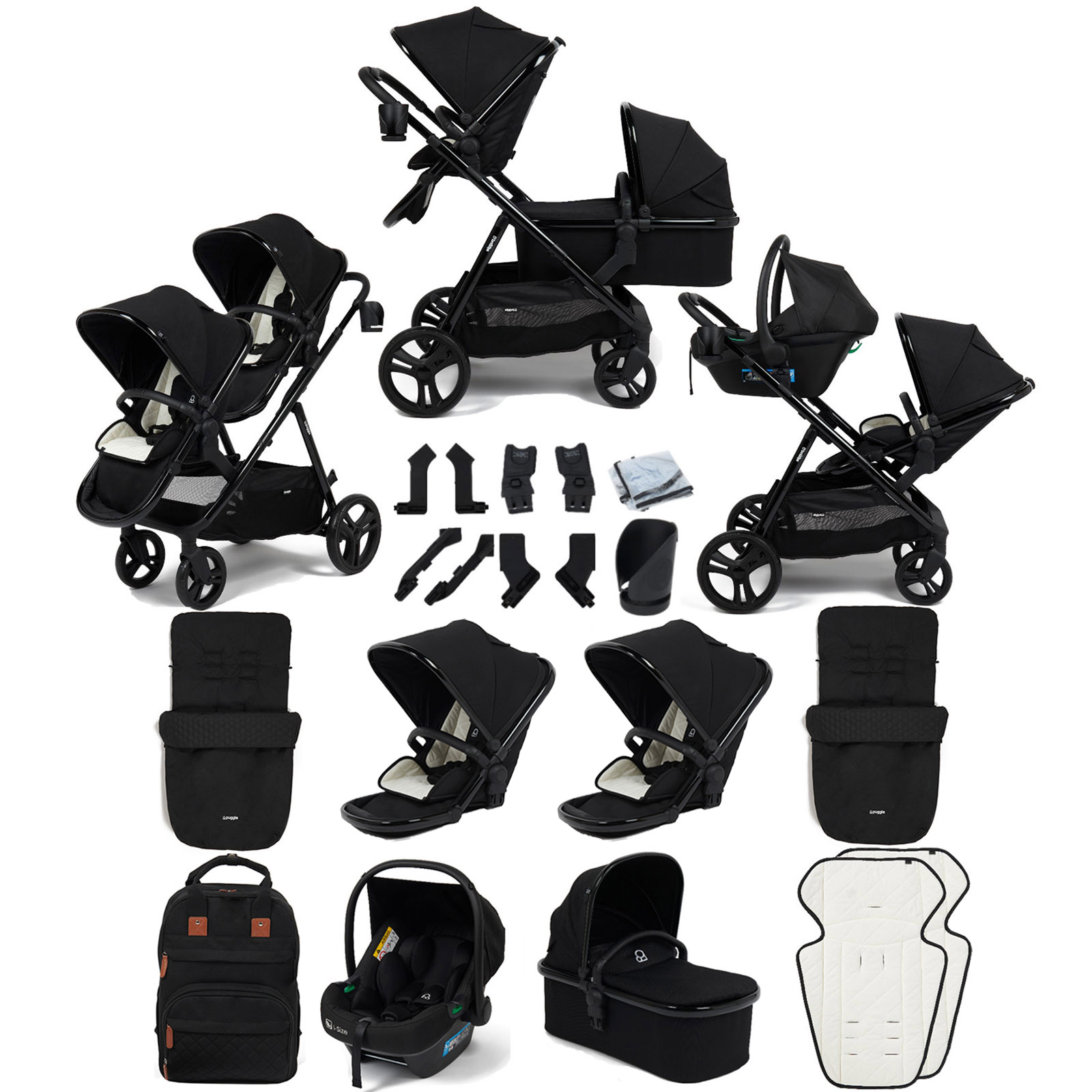 Puggle Memphis 3-in-1 Duo i-Size Double Travel System with 2 Footmuffs - Midnight Black