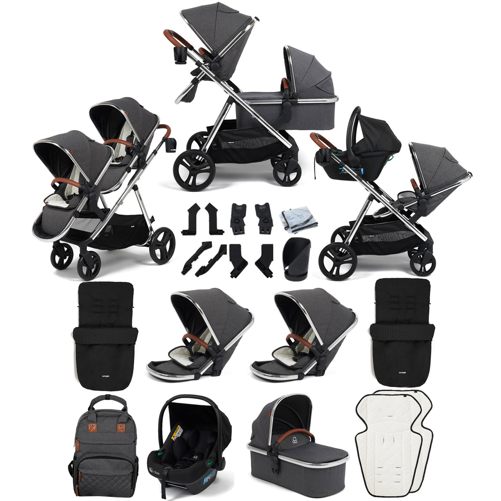 Puggle Memphis 3-in-1 Duo i-Size Double Travel System with 2 Footmuffs - Platinum Grey