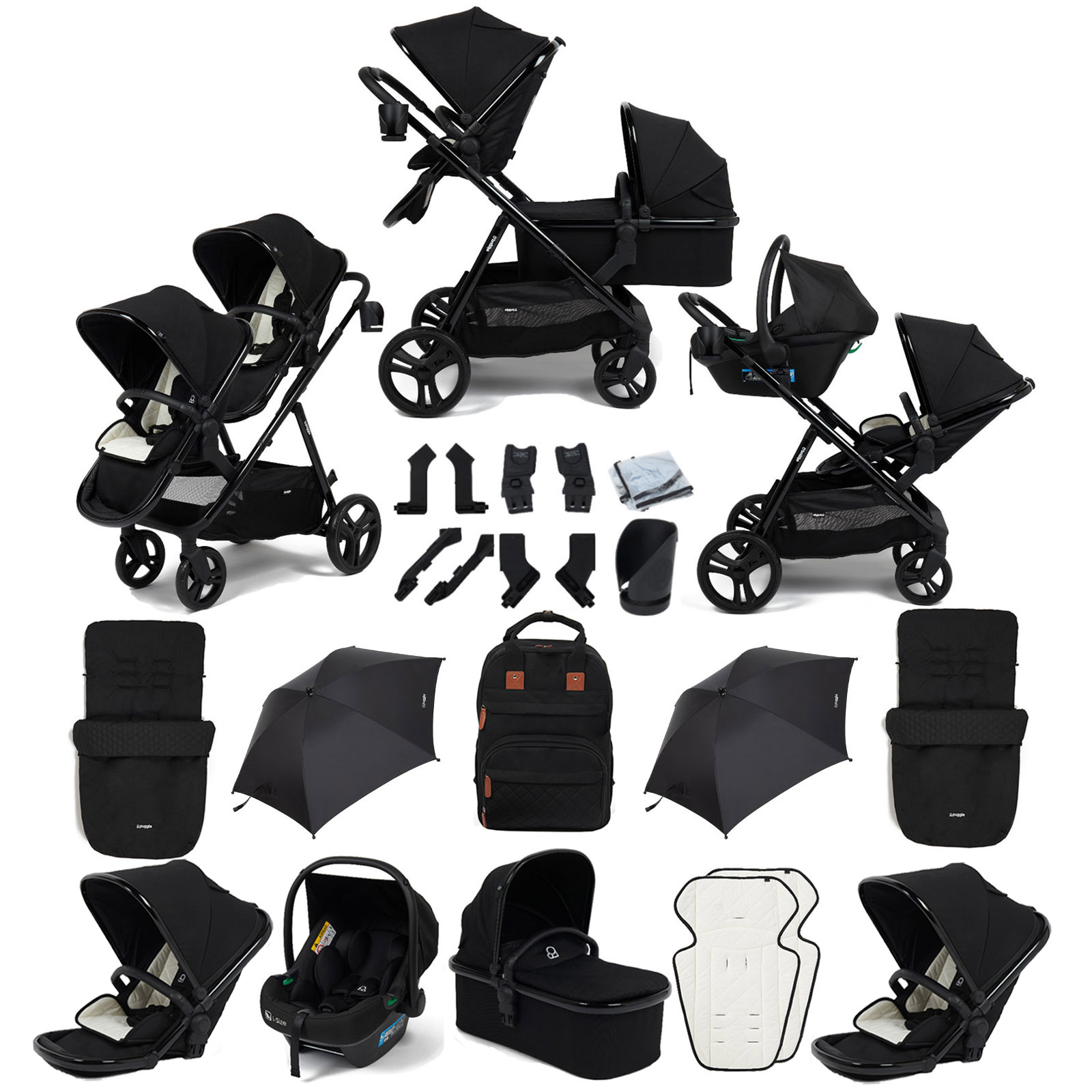 Puggle Memphis 3-in-1 Duo i-Size Double Travel System with 2 Footmuffs & 2 Parasols - Midnight Black