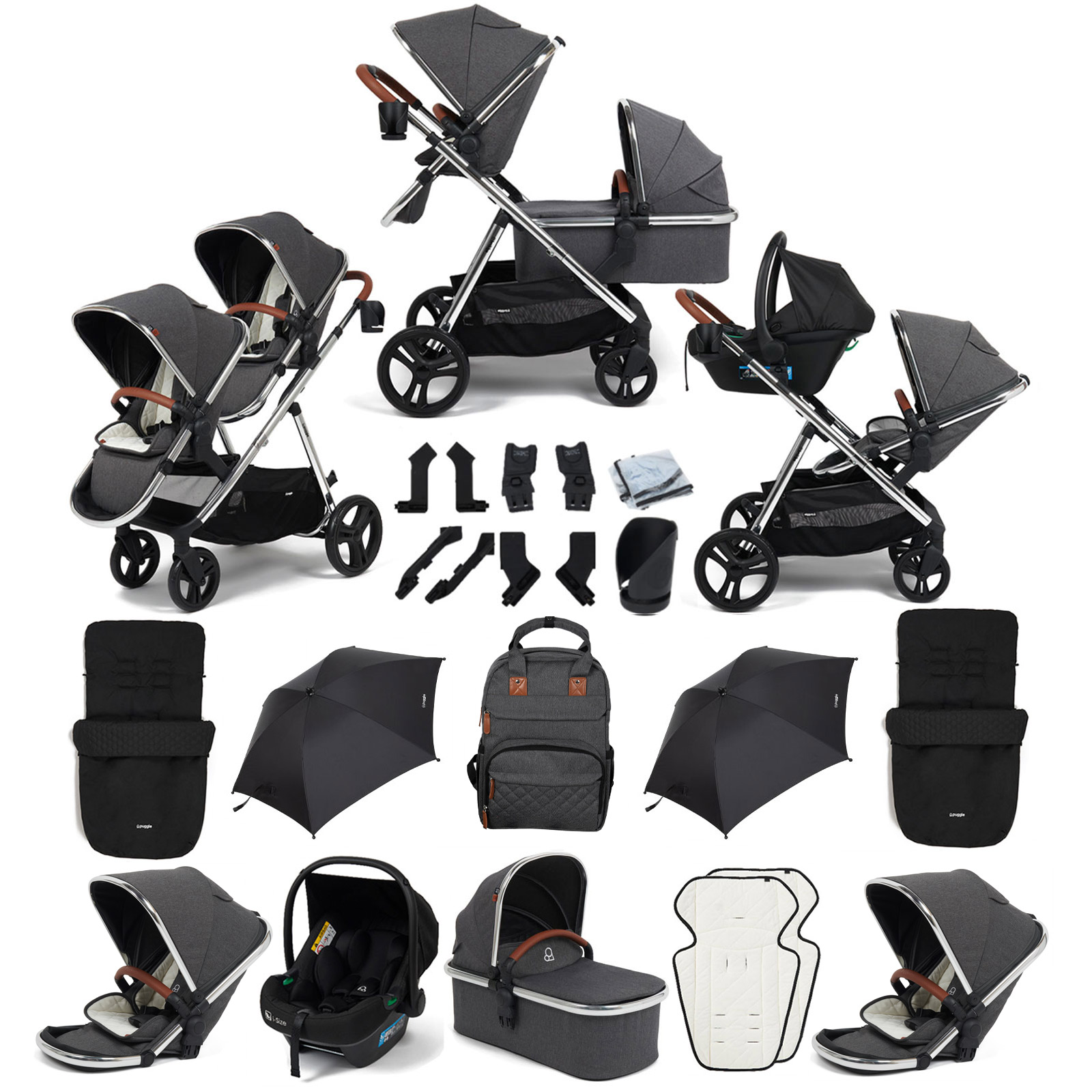 Puggle Memphis 3-in-1 Duo i-Size Double Travel System with 2 Footmuffs & 2 Parasols - Platinum Grey