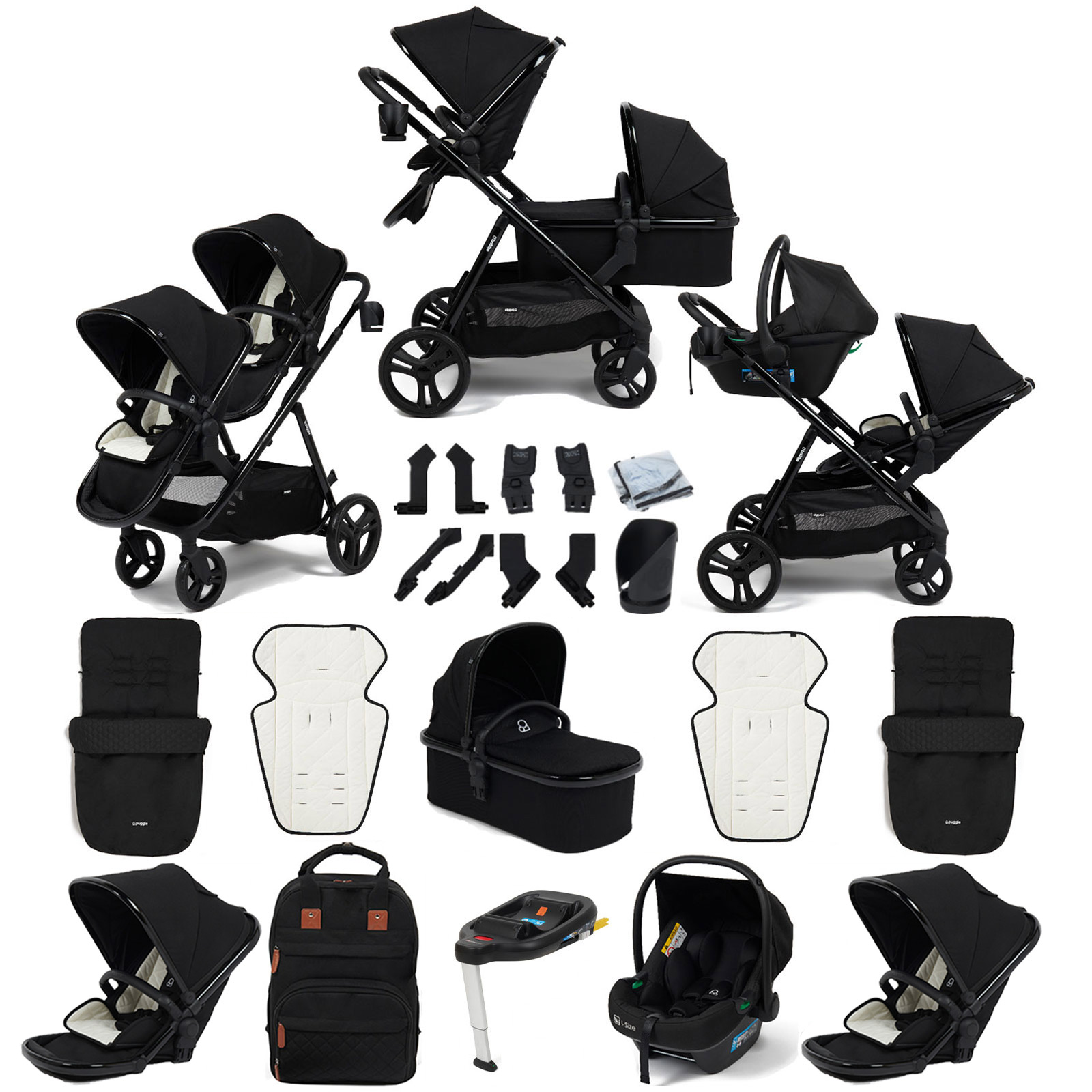 Puggle Memphis 3-in-1 Duo i-Size Double Travel System with 2 Footmuffs & ISOFIX Base - Midnight Black