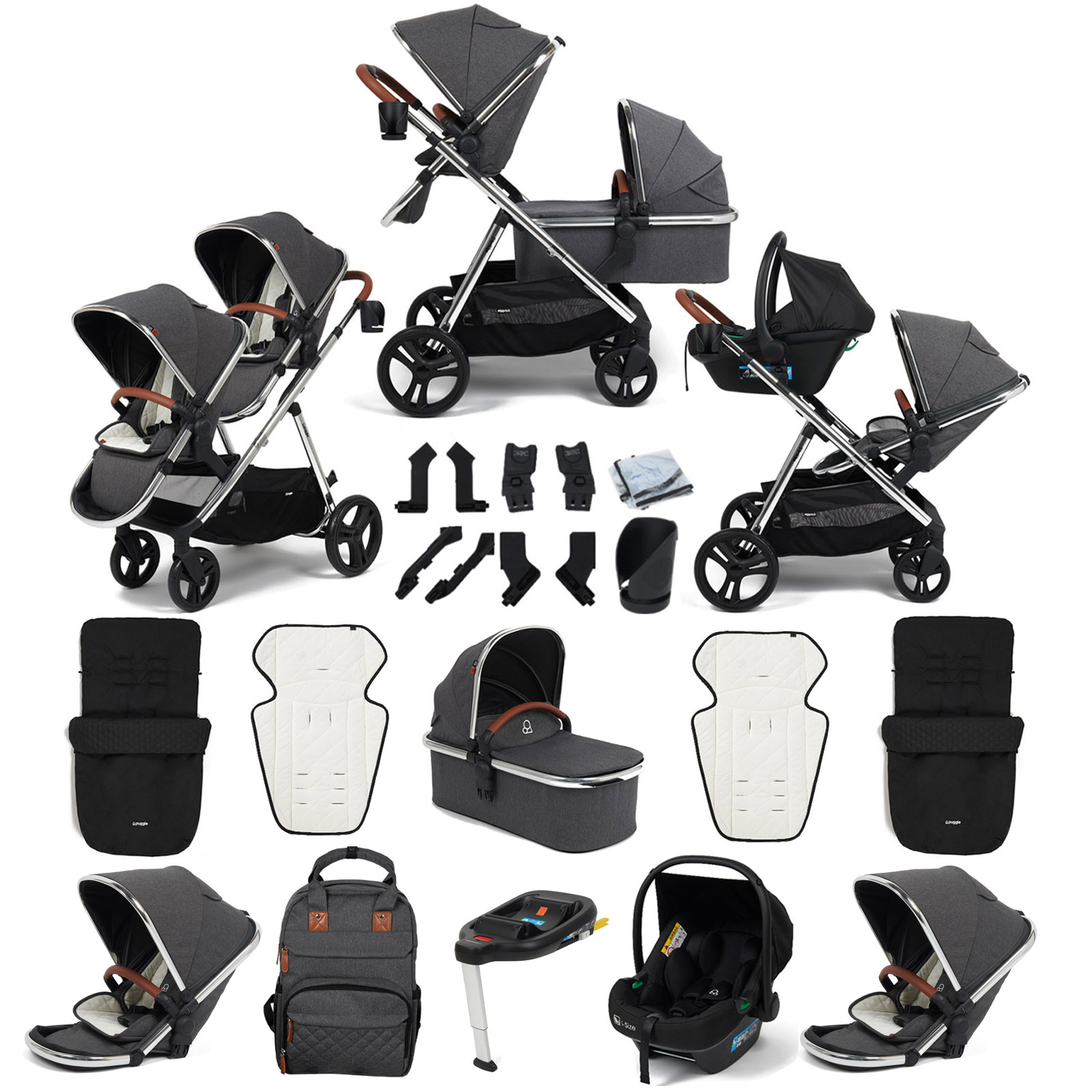 Puggle Memphis 3-in-1 Duo i-Size Double Travel System with 2 Footmuffs & ISOFIX Base - Platinum Grey