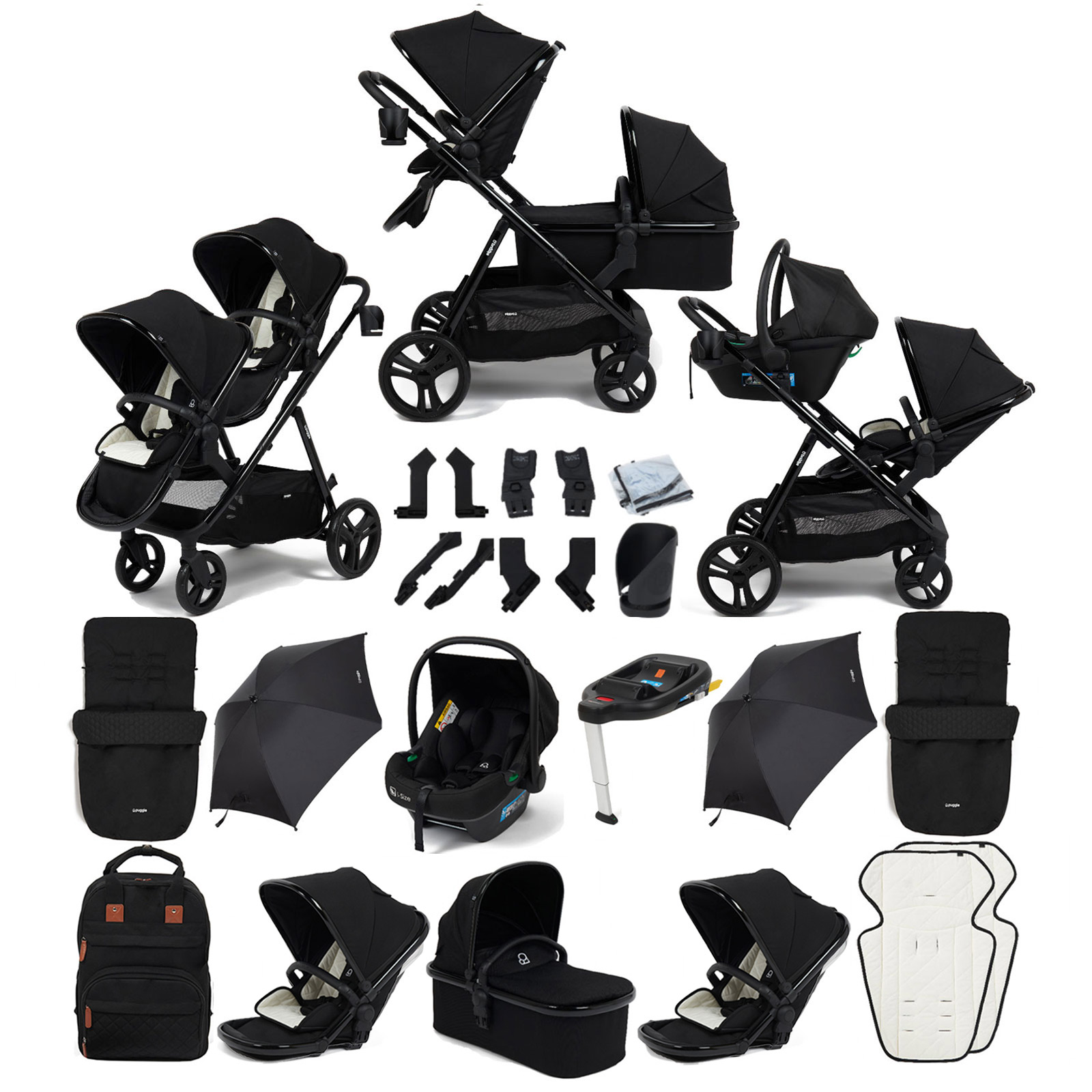 Puggle Memphis 3-in-1 Duo i-Size Double Travel System with 2 Footmuffs, 2 Parasols & ISOFIX Base - Midnight Black