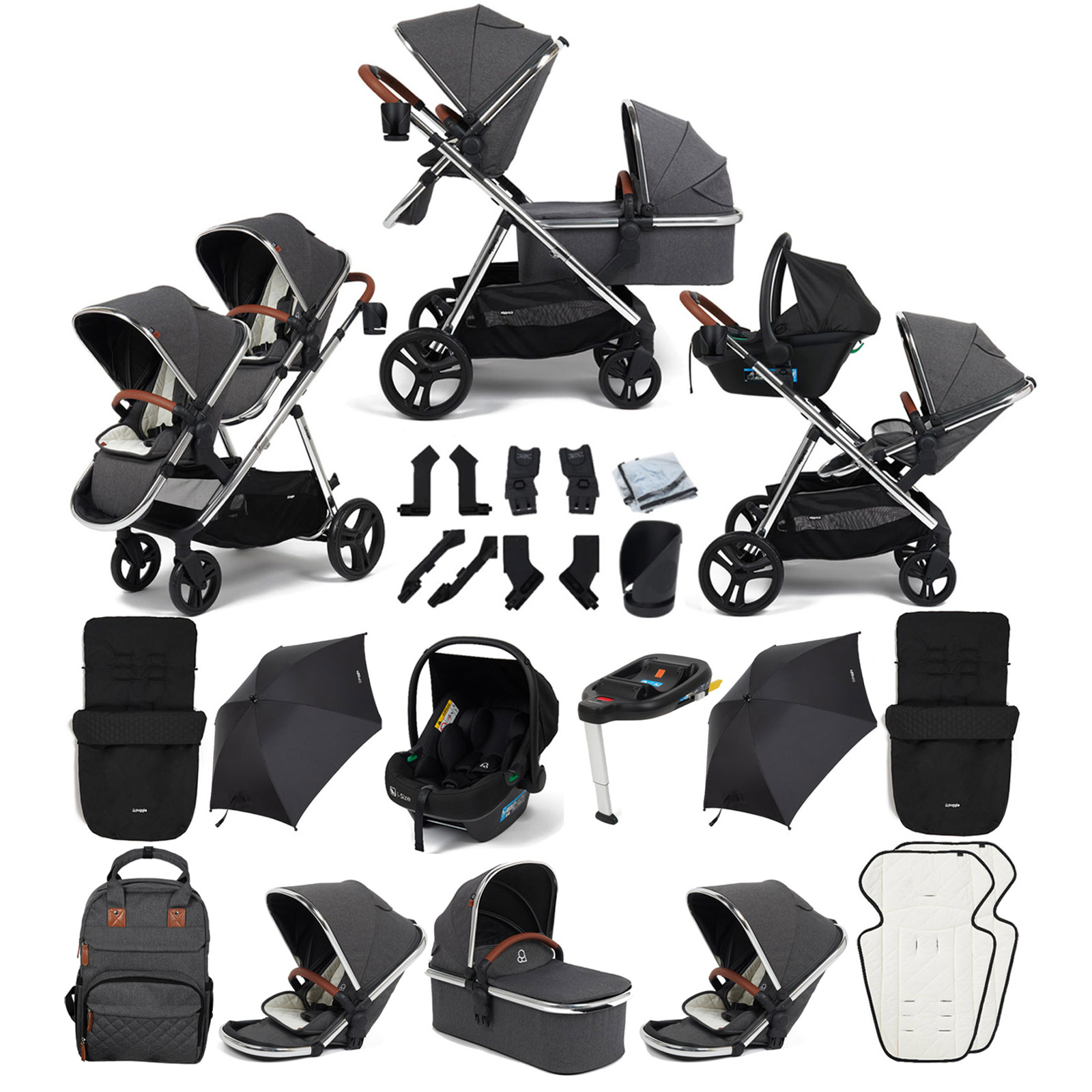 Puggle Memphis 3-in-1 Duo i-Size Double Travel System with 2 Footmuffs, 2 Parasols & ISOFIX Base - Platinum Grey