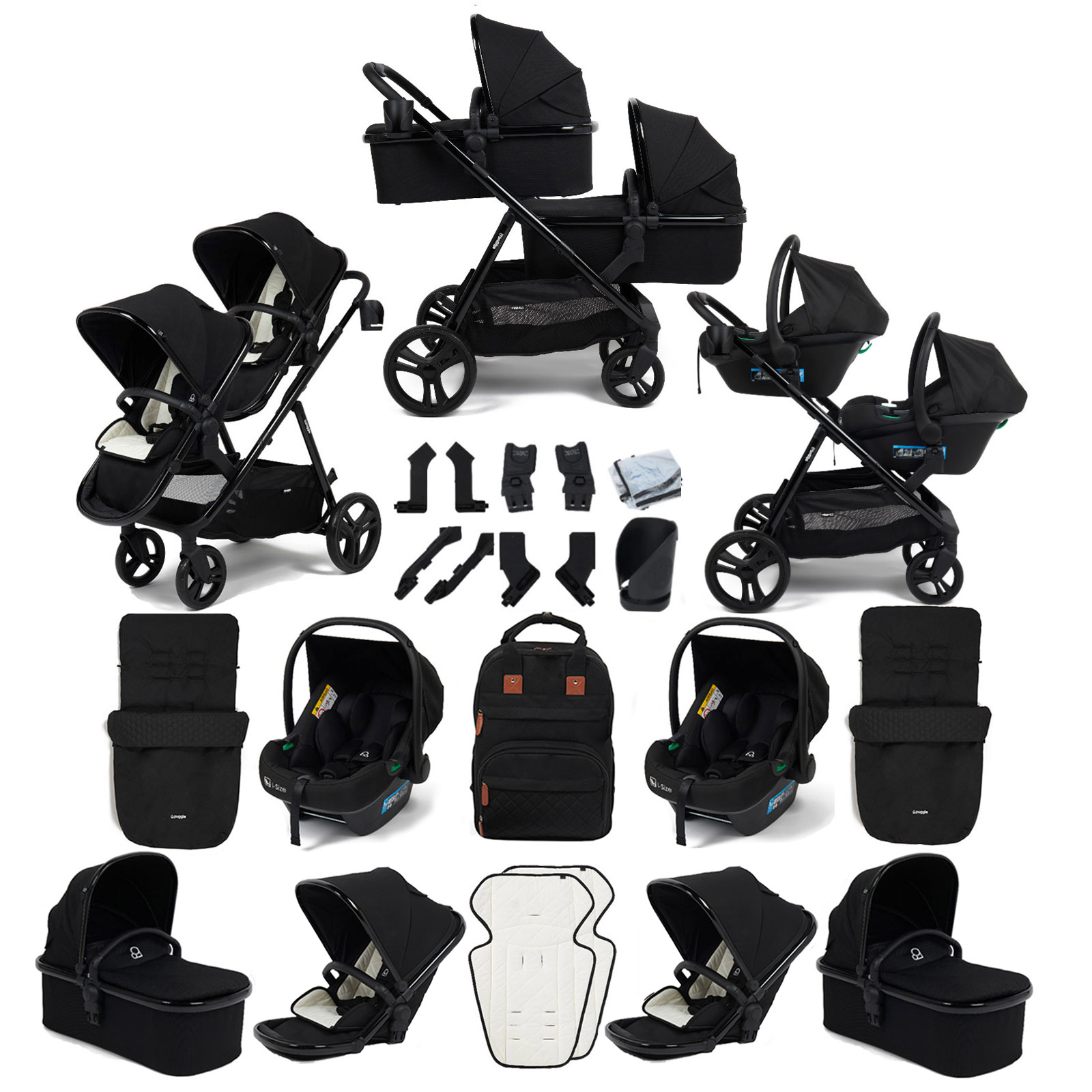 Puggle Memphis 3-in-1 Duo i-Size Double Twin Travel System with 2 Footmuffs - Midnight Black