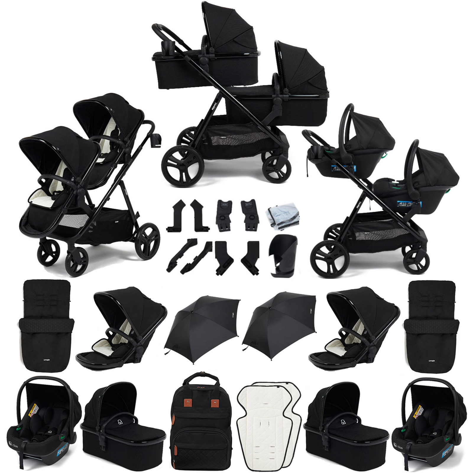 Puggle Memphis 3-in-1 Duo i-Size Double Twin Travel System with 2 Footmuffs & 2 Parasols - Midnight Black