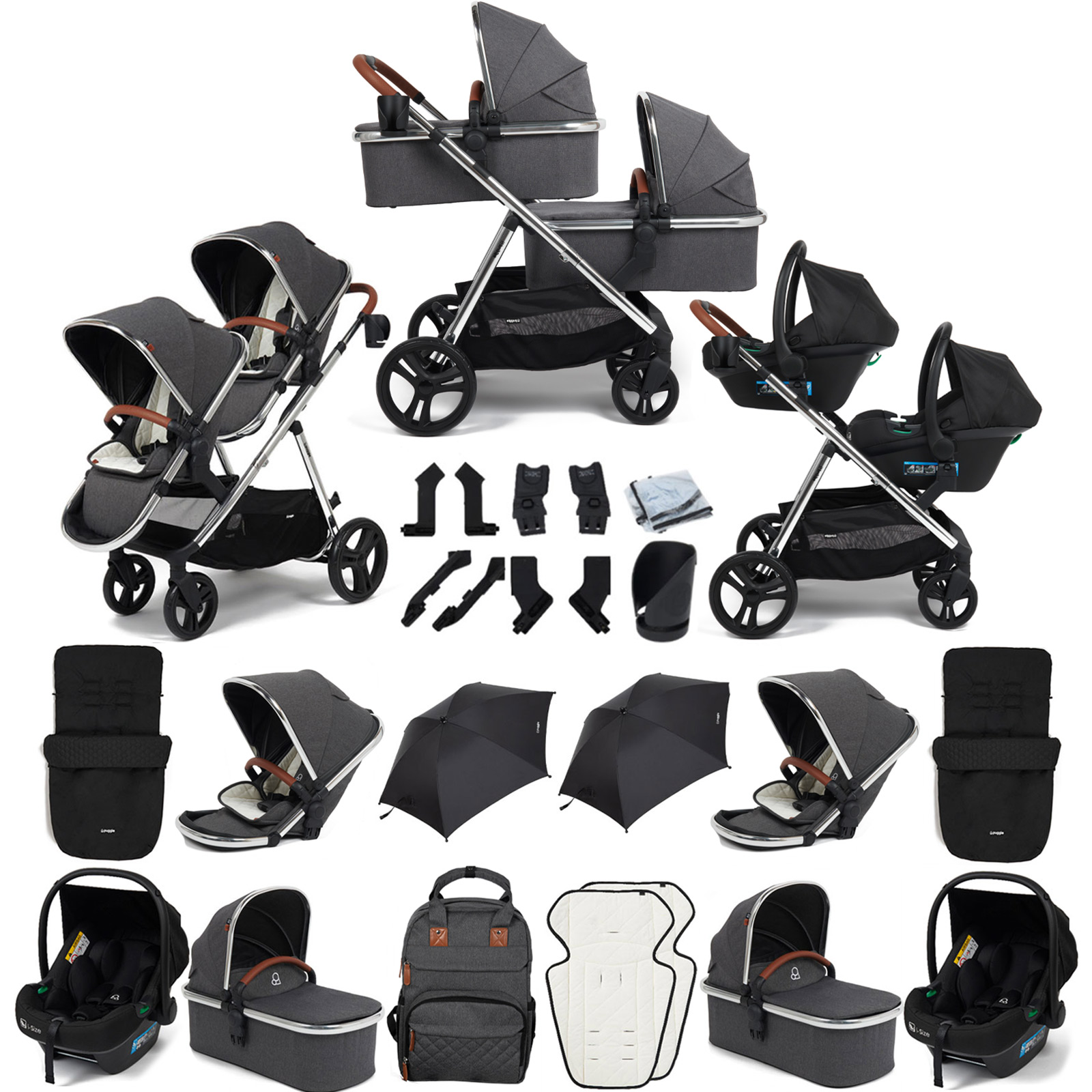 Puggle Memphis 3-in-1 Duo i-Size Double Twin Travel System with 2 Footmuffs & 2 Parasols - Platinum Grey