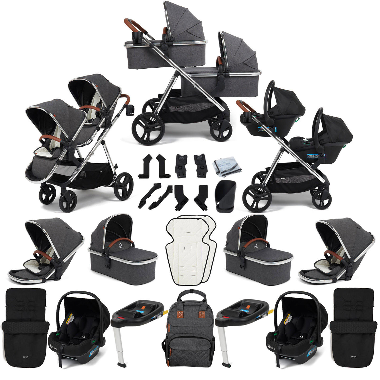 Puggle Memphis 3-in-1 Duo i-Size Double Twin Travel System with 2 Footmuffs & 2 ISOFIX Bases - Platinum Grey