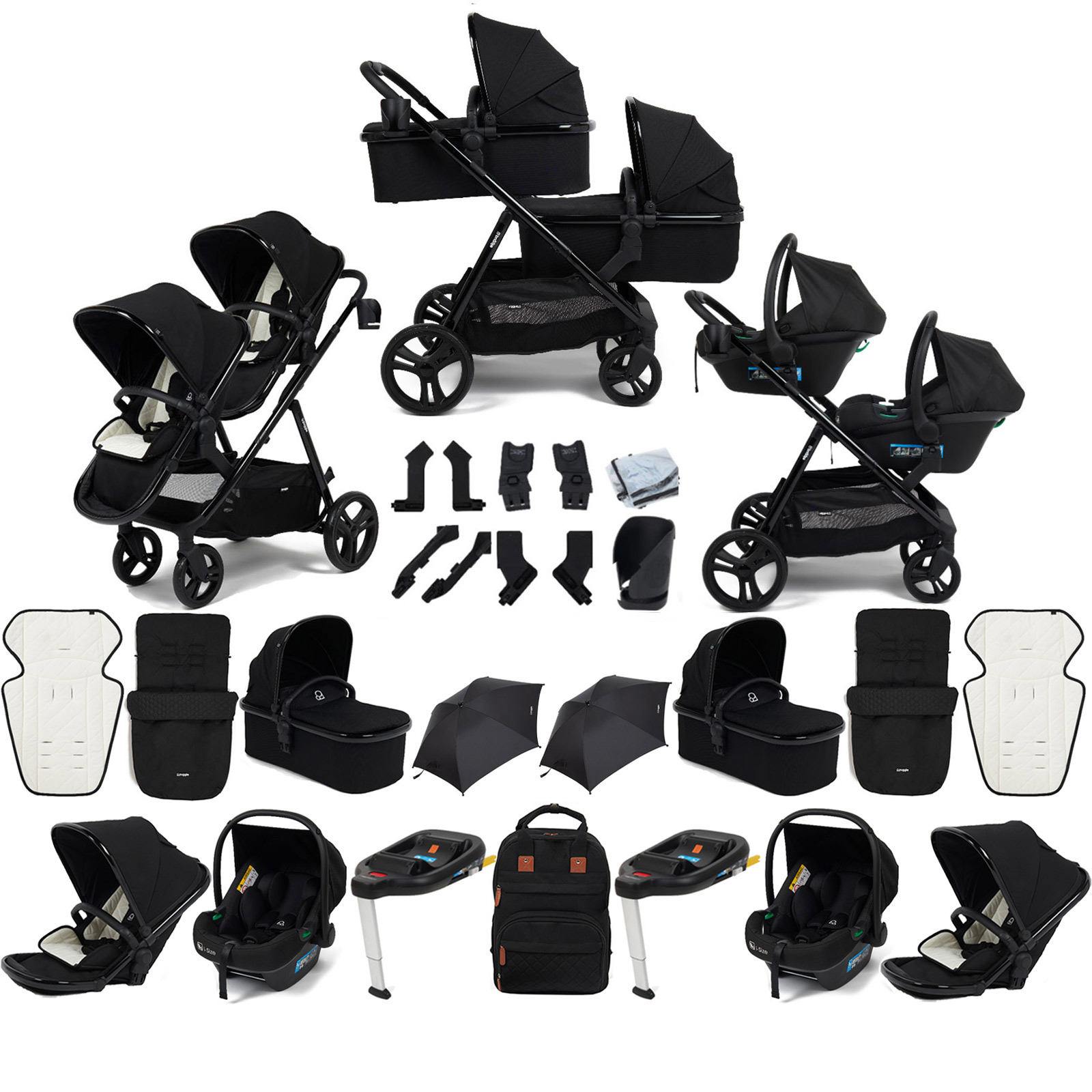 Puggle Memphis 3-in-1 Duo i-Size Double Twin Travel System with 2 Footmuffs, 2 ISOFIX Bases & 2 Parasols - Midnight Black