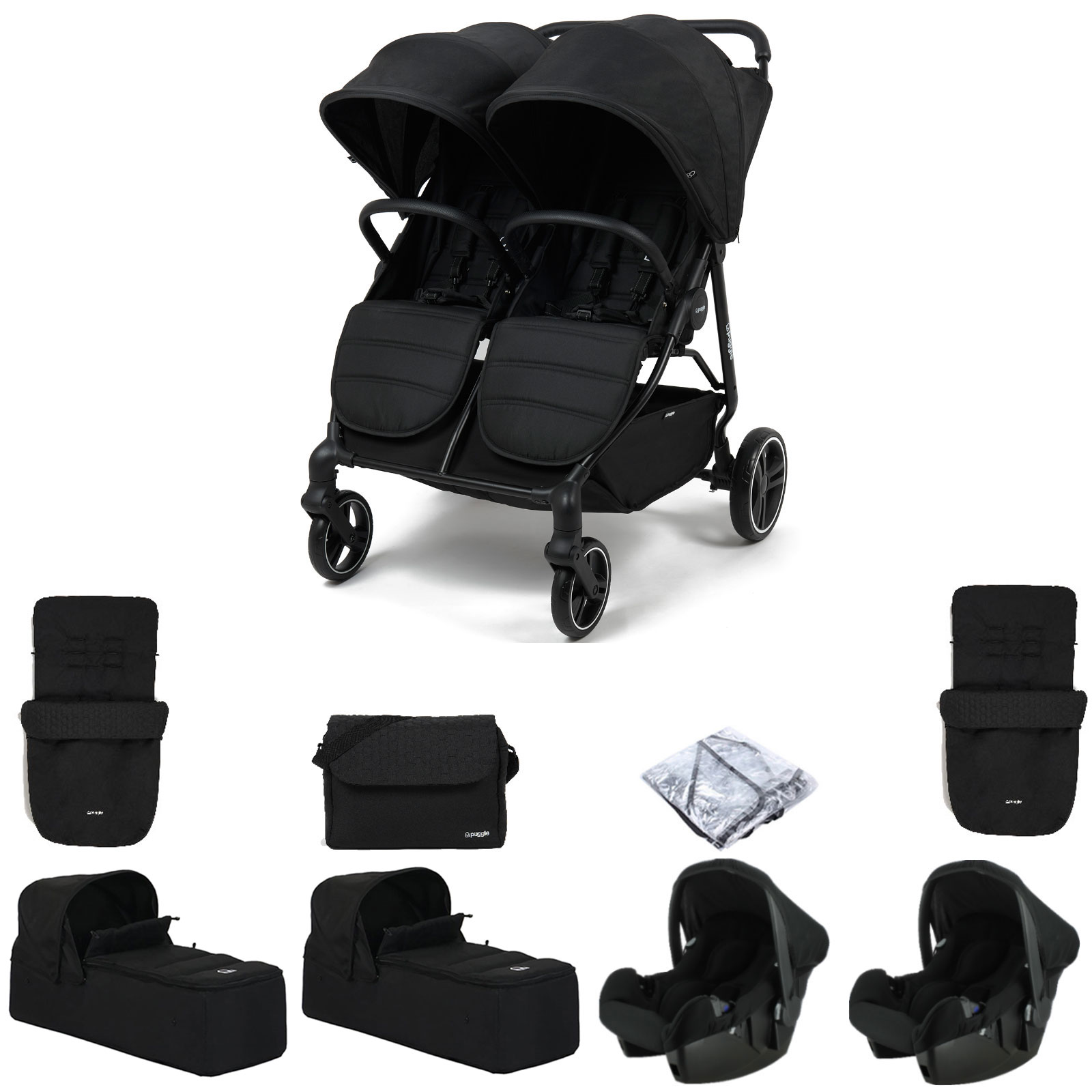 Puggle Urban City Easyfold Twin Pushchair with 2 Beone Car Seats, 2 Carrycots, 2 Footmuffs & Changing Bag – Storm Black