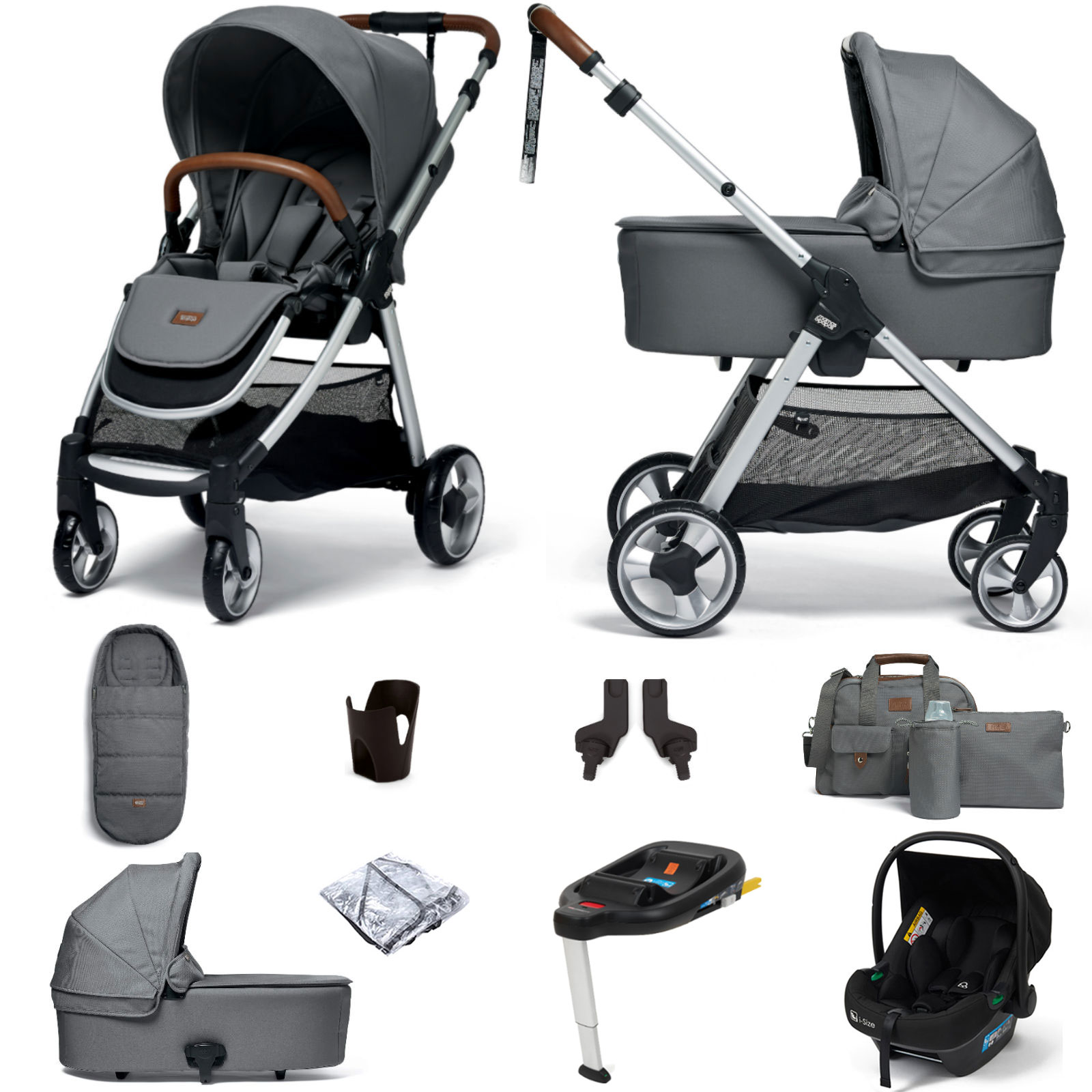 Mamas & Papas Flip XT2 Essentials (Safe Fit i-Size Infant Car Seat & ISOFIX Base) Travel System with Carrycot - Fossil Grey