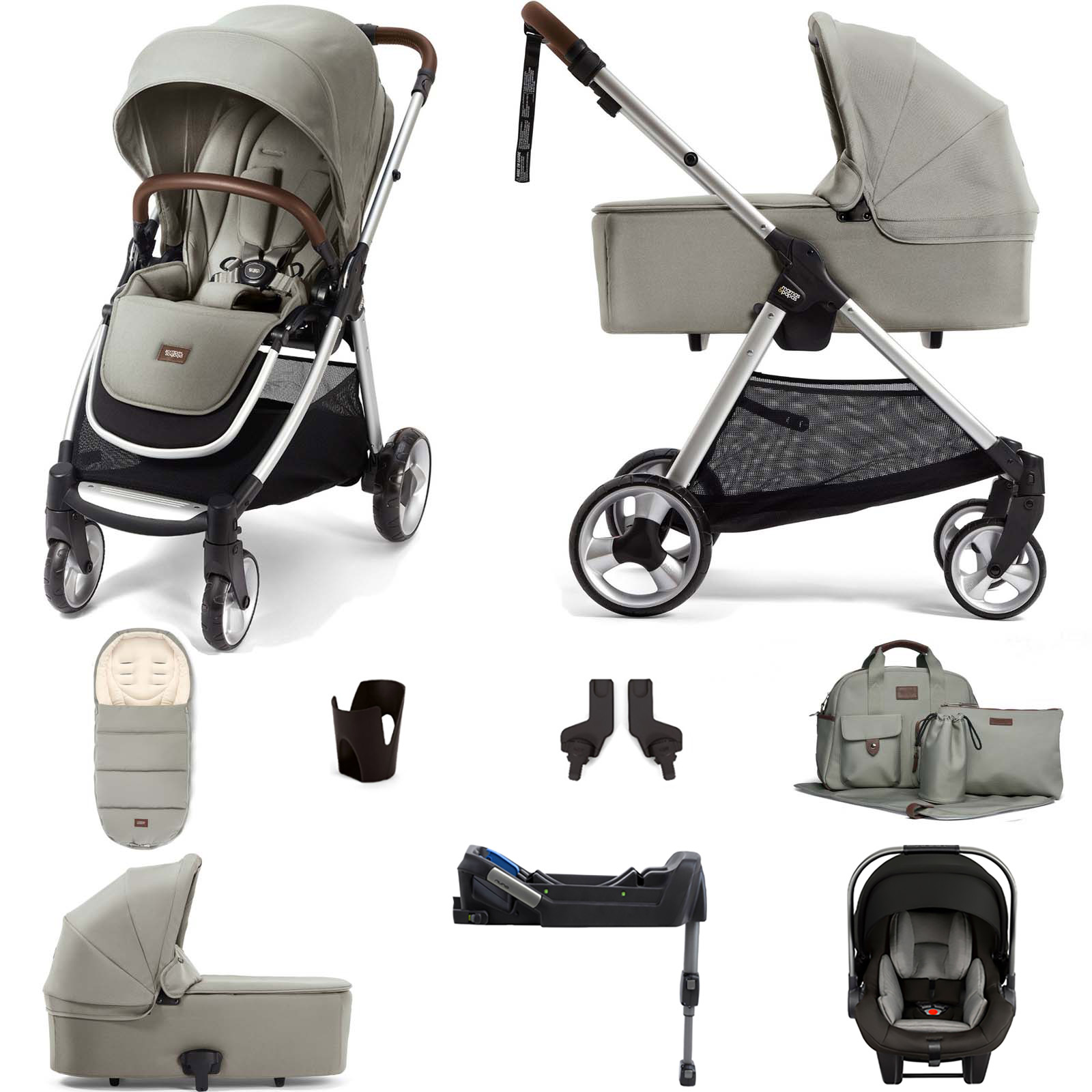 Mamas & Papas Flip XT2 Essentials (Pipa Lite Car Seat & ISOFIX Base) Travel System with Carrycot - Sage Green