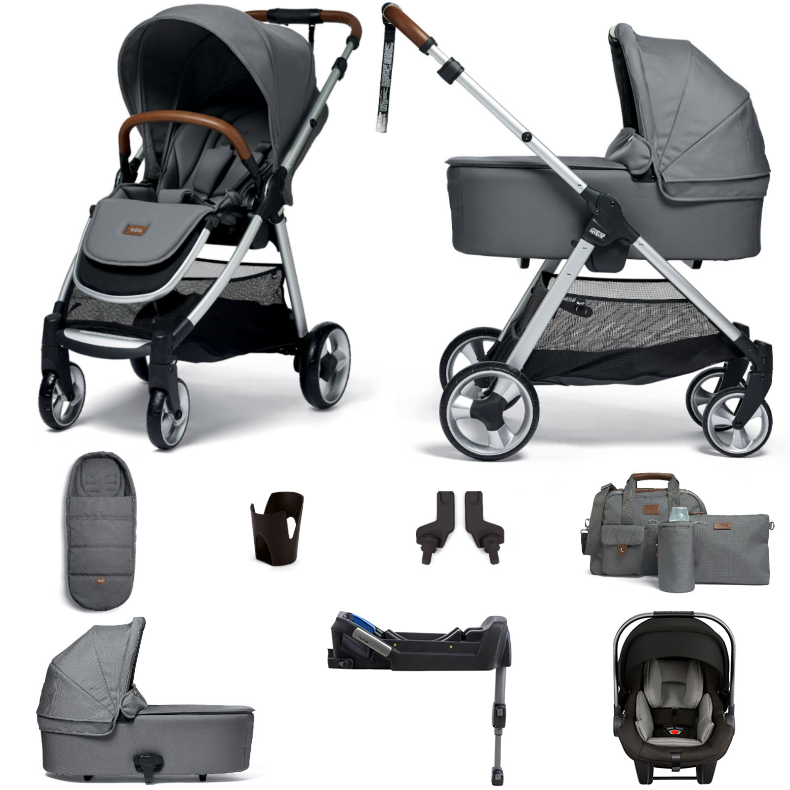 Mamas & Papas Flip XT2 Essentials (Pipa Lite Car Seat & ISOFIX Base) Travel System with Carrycot - Grey
