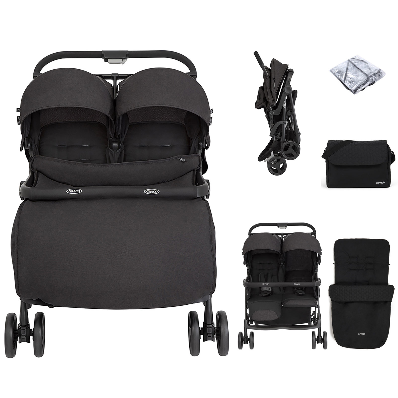 Graco Opia™ Twin Pushchair with Double Apron, Raincover, Footmuff & Changing Bag - Night Sky
