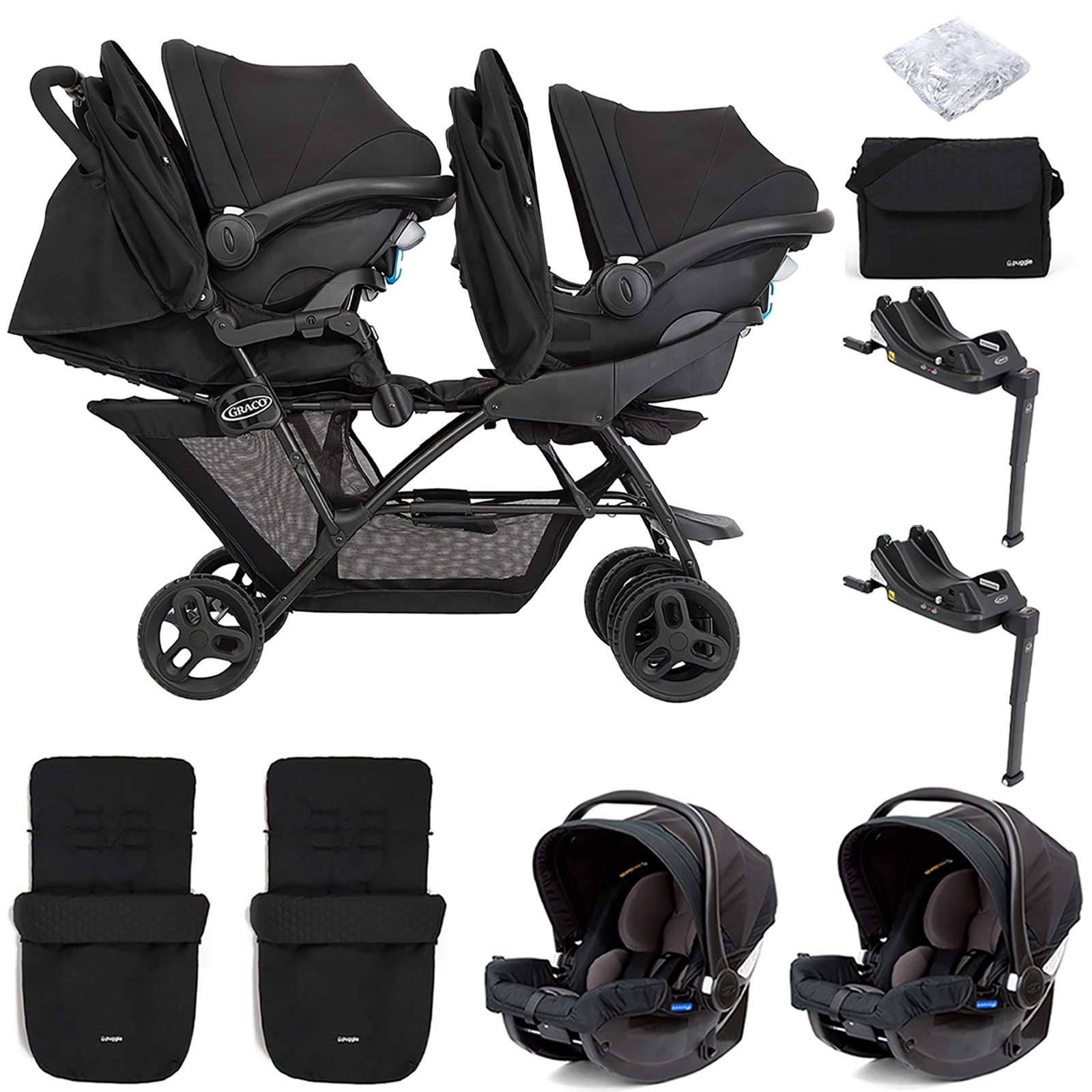 Graco Blaaze™ Stadium Duo Tandem Travel System with Front Apron, Raincover, 2 Footmuffs, Changing Bag, 2 Car Seats & 2 Bases - Night Sky