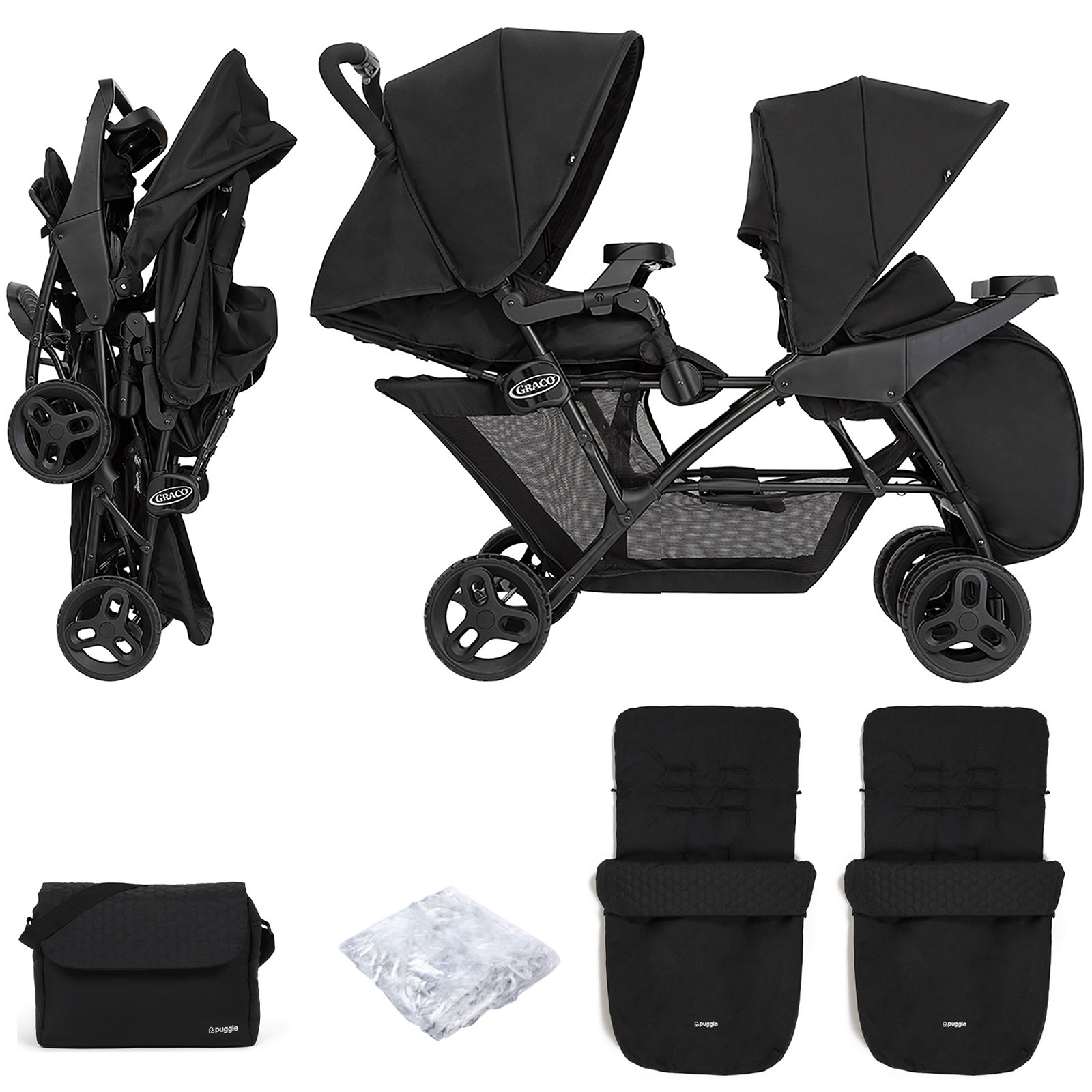Graco Blaaze™ Stadium Duo Tandem Pushchair with Front Apron, Raincover, 2 Footmuffs, & Changing Bag- Night Sky
