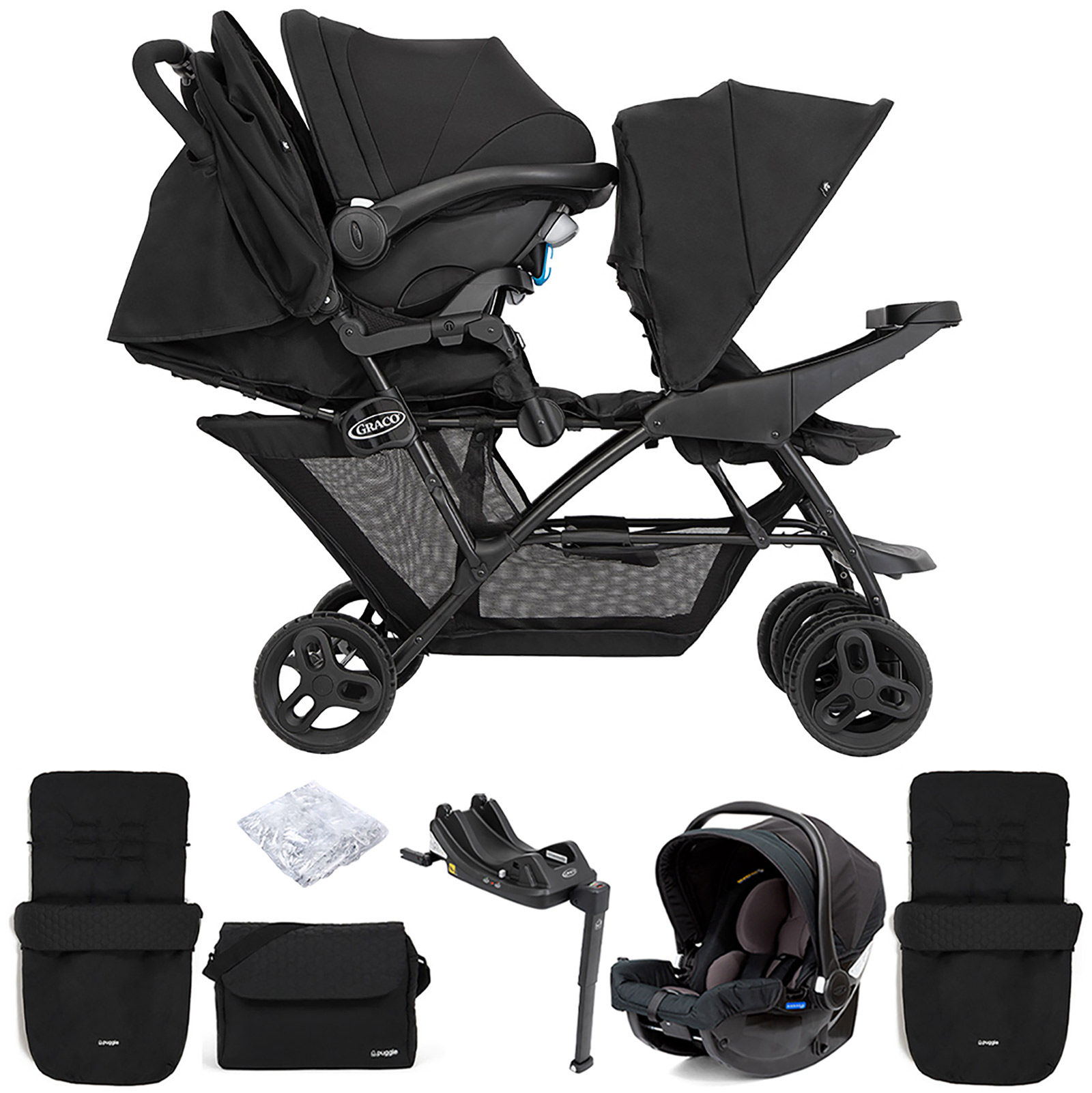 Graco Blaaze™ Stadium Duo Tandem Travel System with Front Apron, Raincover, 2 Footmuffs, Changing Bag, Car Seat & Base - Night Sky
