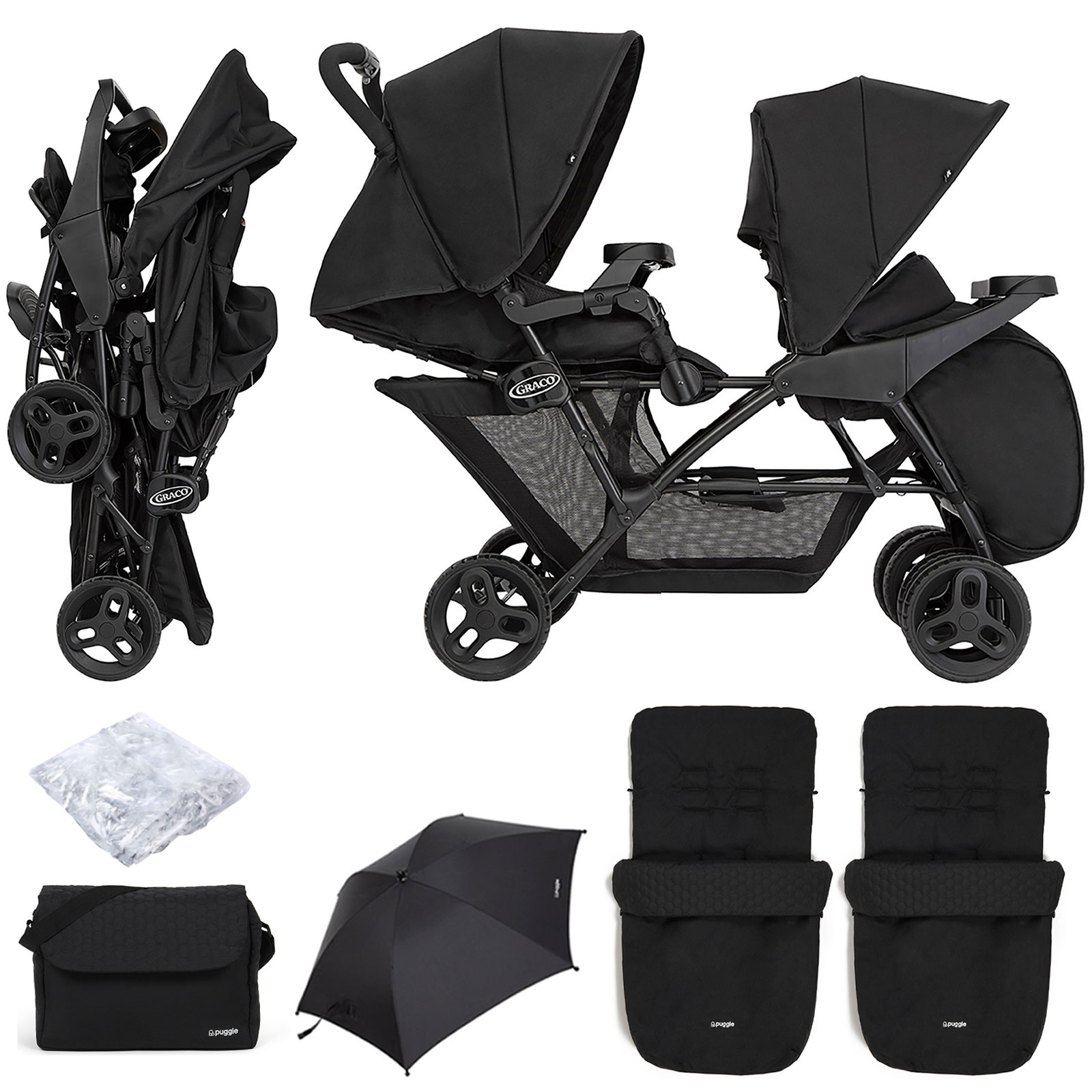 Graco Blaaze™ Stadium Duo Tandem Pushchair with Front Apron, Raincover, 2 Footmuffs, Parasol & Changing Bag - Night Sky