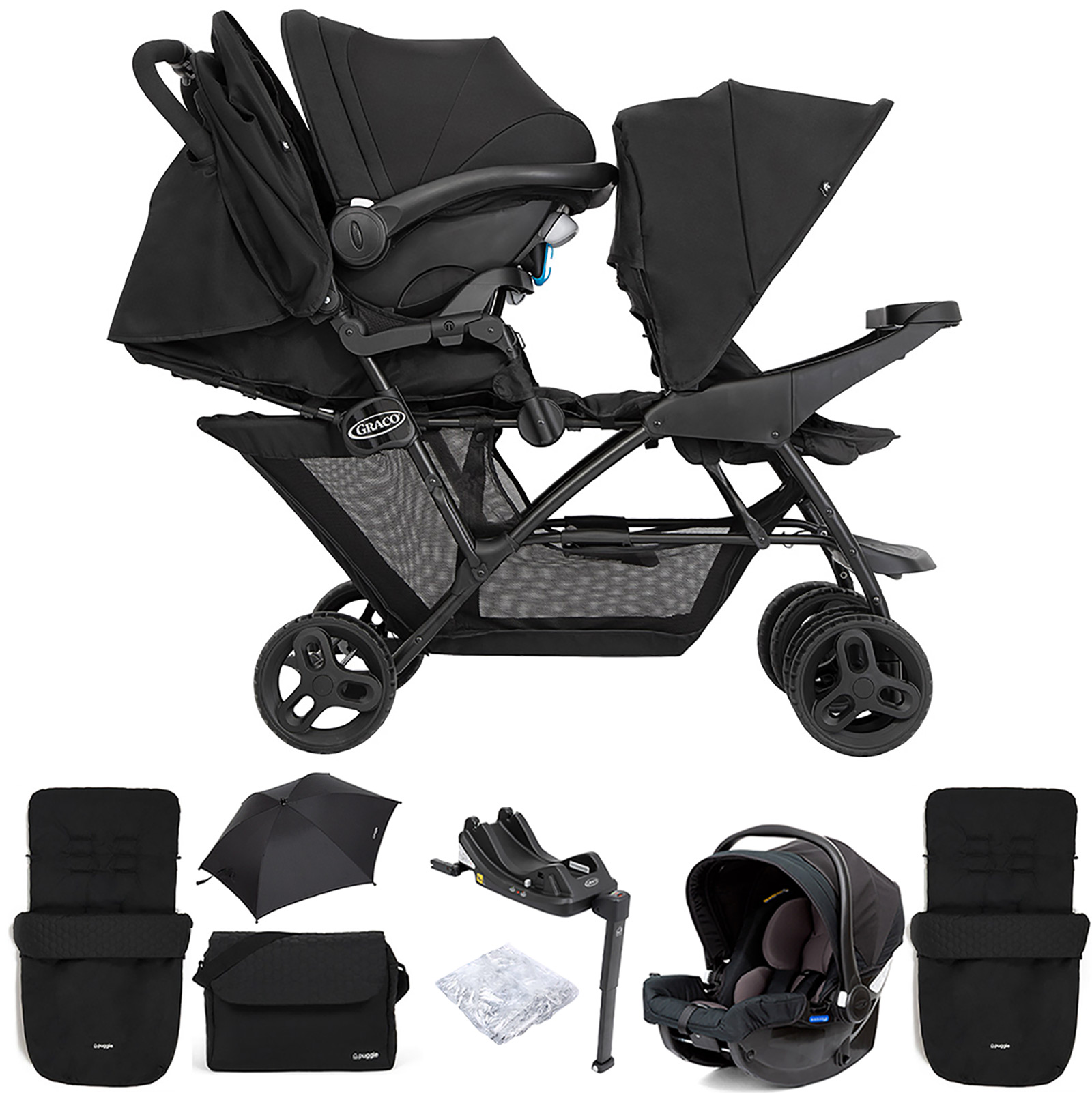 Graco Blaaze™ Stadium Duo Tandem Travel System with Front Apron, Raincover, 2 Footmuffs, Changing Bag, Car Seat, Base & Parasol - Night Sky