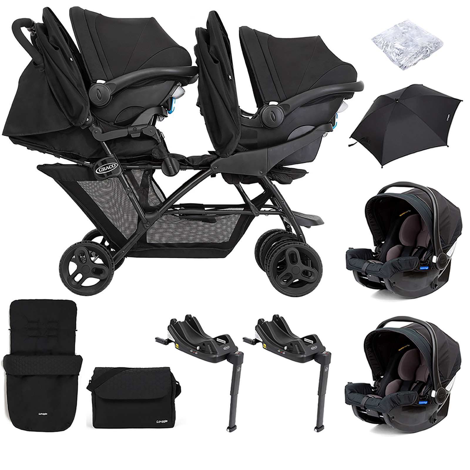 Graco Blaaze™ Stadium Duo Tandem Travel System with Front Apron, Raincover, Footmuff, Changing Bag, 2 Car Seats, 2 Bases & Parasol - Night Sky