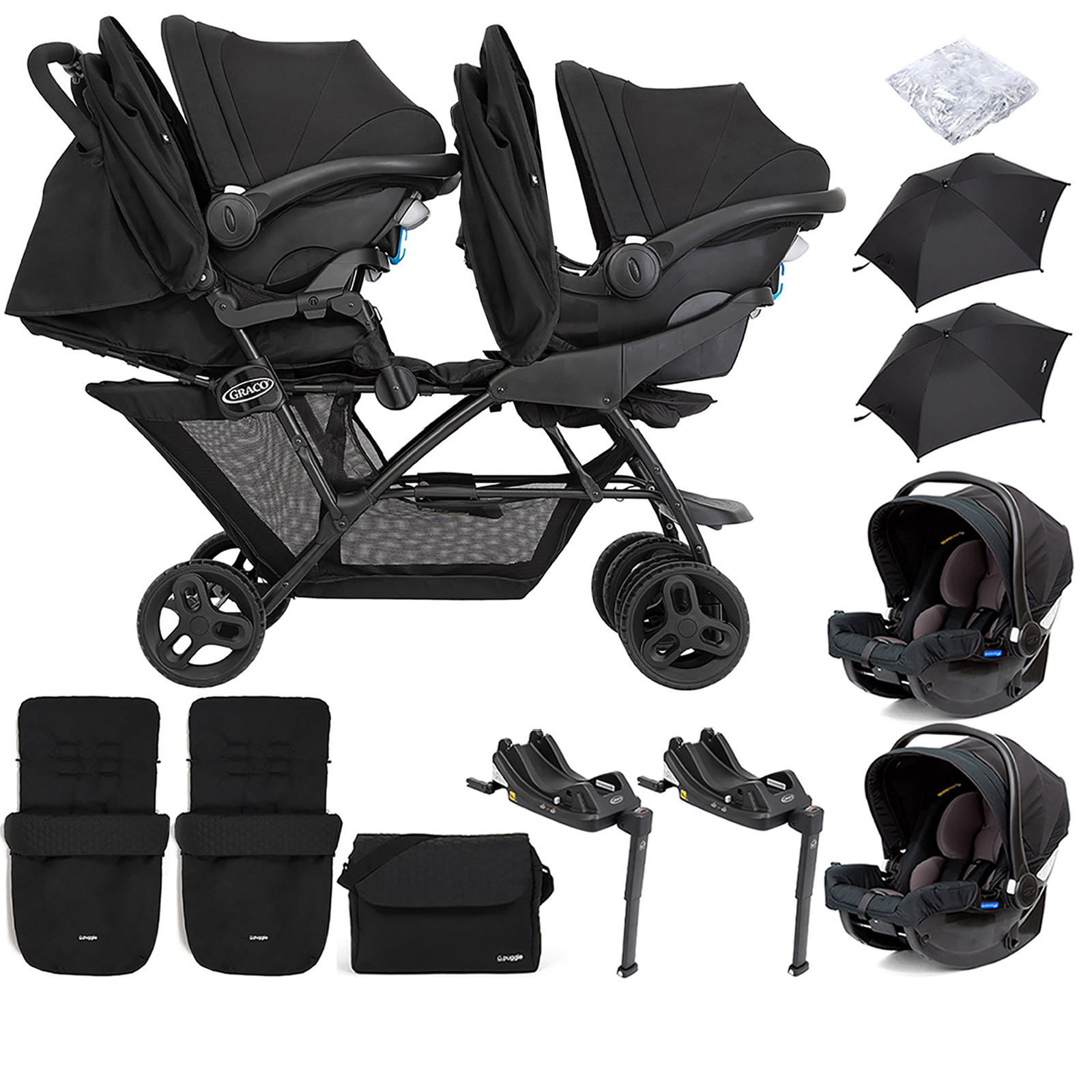 Graco Blaaze™ Stadium Duo Tandem Travel System with Front Apron, Raincover, 2 Footmuffs, Changing Bag, 2 Car Seats, 2 Bases & 2 Parasols - Night Sky
