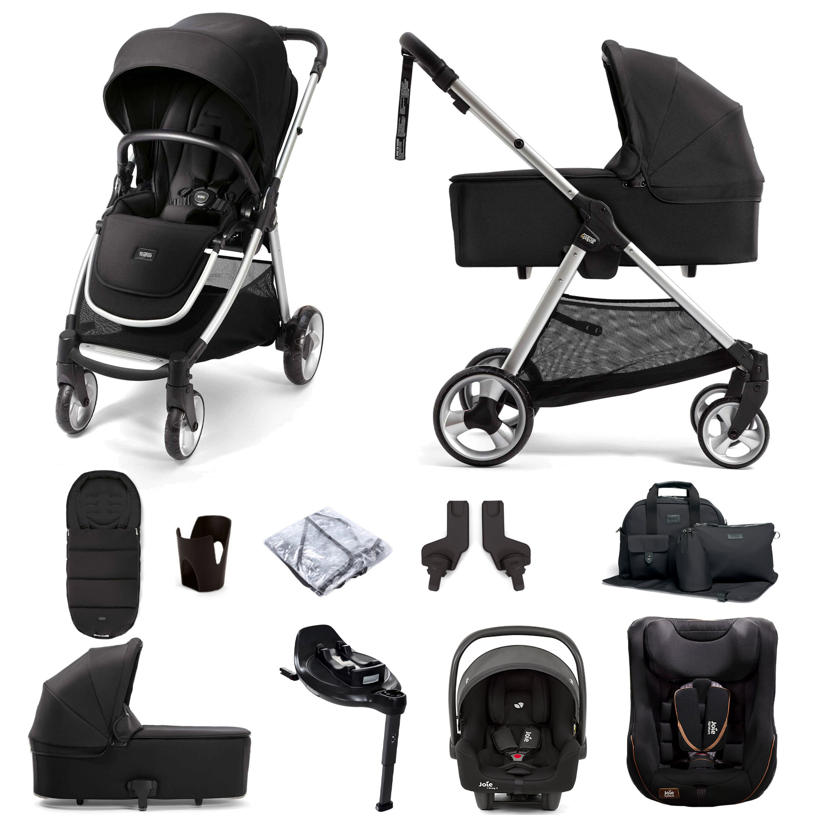 Mamas & Papas Flip XT2 Essentials (i-Snug 2 & i-Harbour) Travel System with Accessories, Carrycot & i-Base Encore - Black