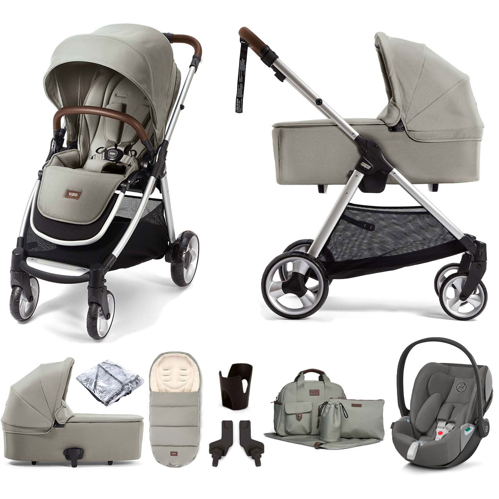 Mamas & Papas Flip XT2 with Carrycot (Cloud Z2 i-Size Car Seat) Travel System and Accessories - Sage Green