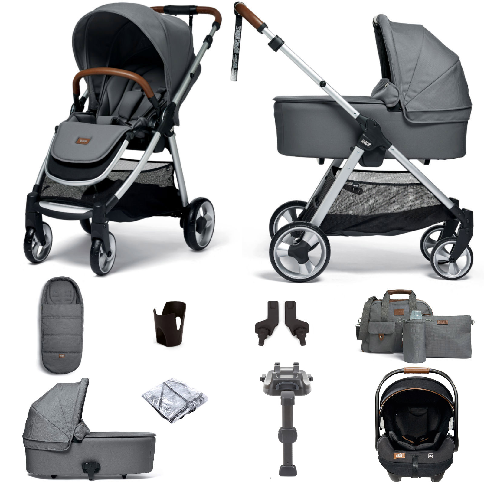 Mamas & Papas Flip XT2 Travel System with Carrycot, Accessories, i-Level Recline Car Seat & i-Base LX 2 - Fossil Grey