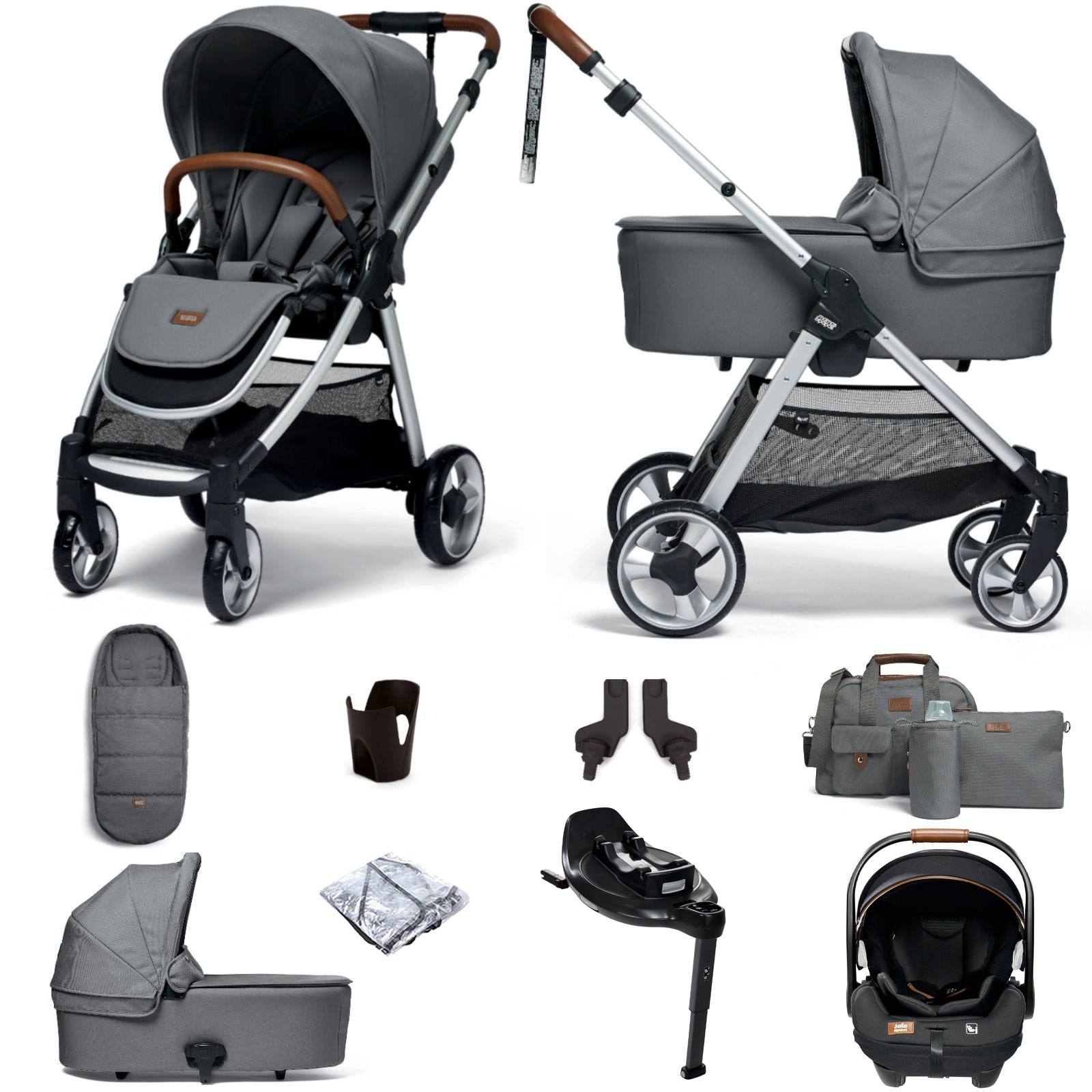 Mamas & Papas Flip XT2 Travel System with Carrycot, Accessories, i-Level Recline Car Seat & i-Base Encore - Fossil Grey