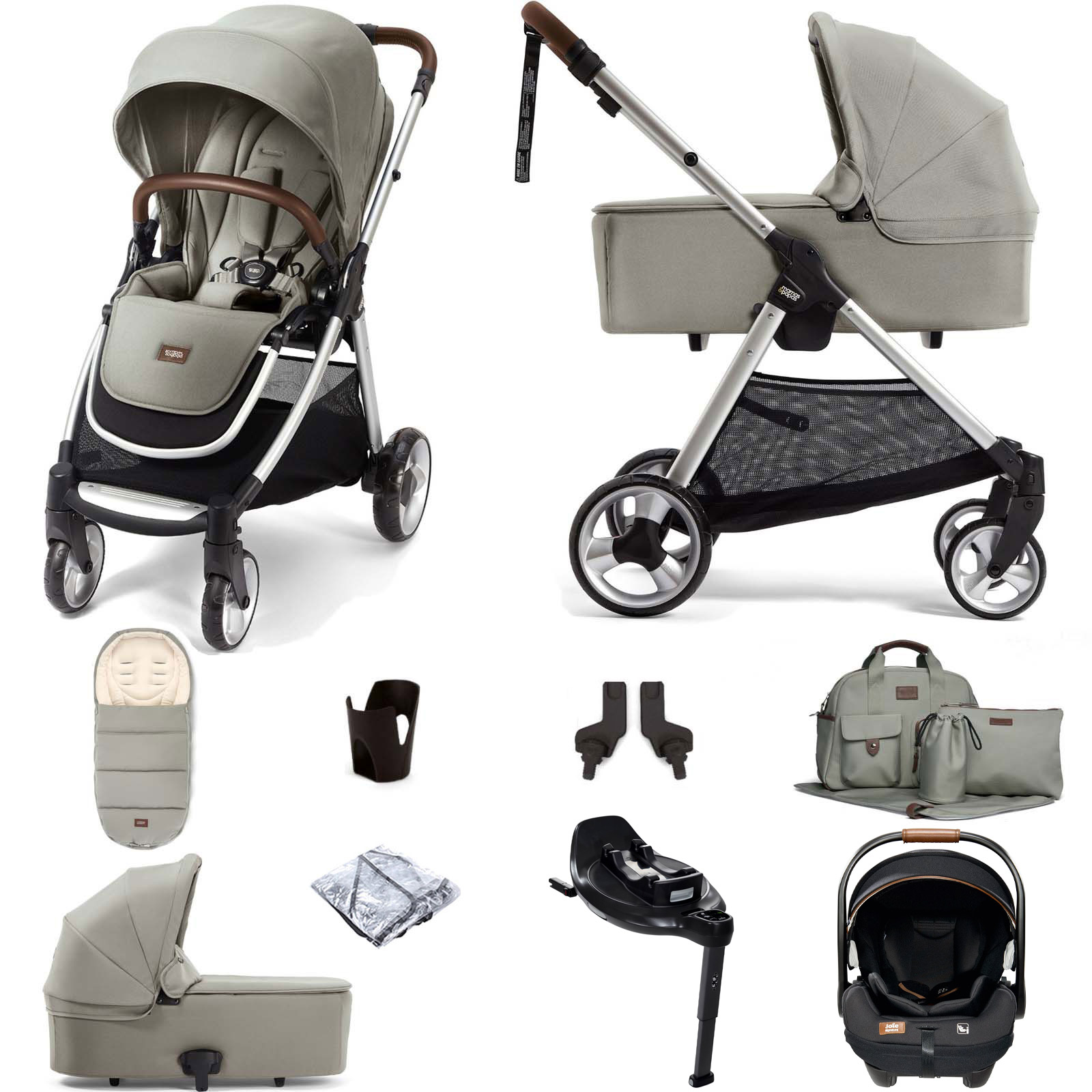 Mamas & Papas Flip XT2 Travel System with Carrycot, Accessories, i-Level Recline Car Seat & i-Base Encore - Sage Green