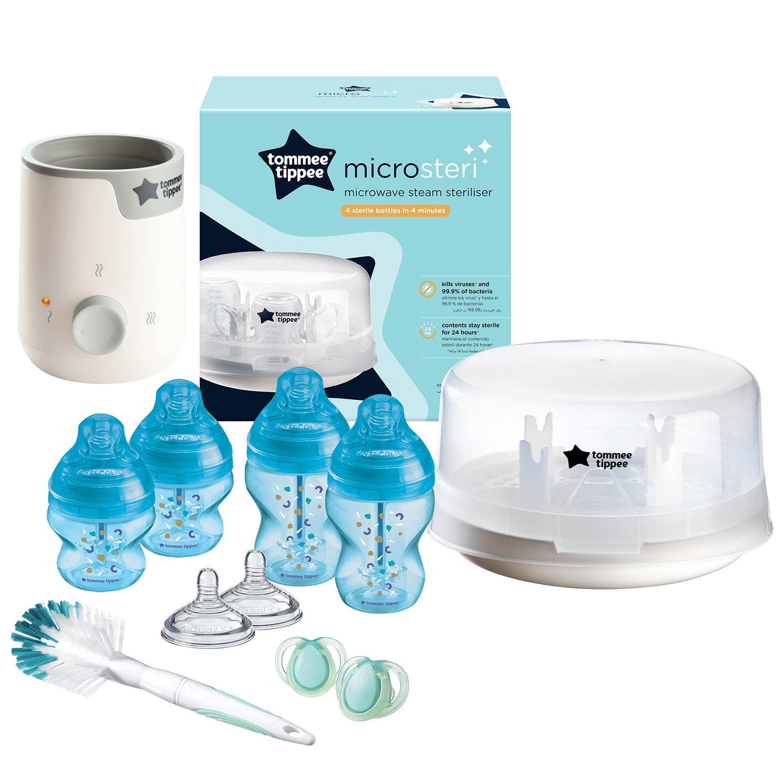 Tommee Tippee Easiwarm Electric Baby Bottle Warmer, Microwave Steam Steriliser & Anti-Colic Bottle Set - White/Blue